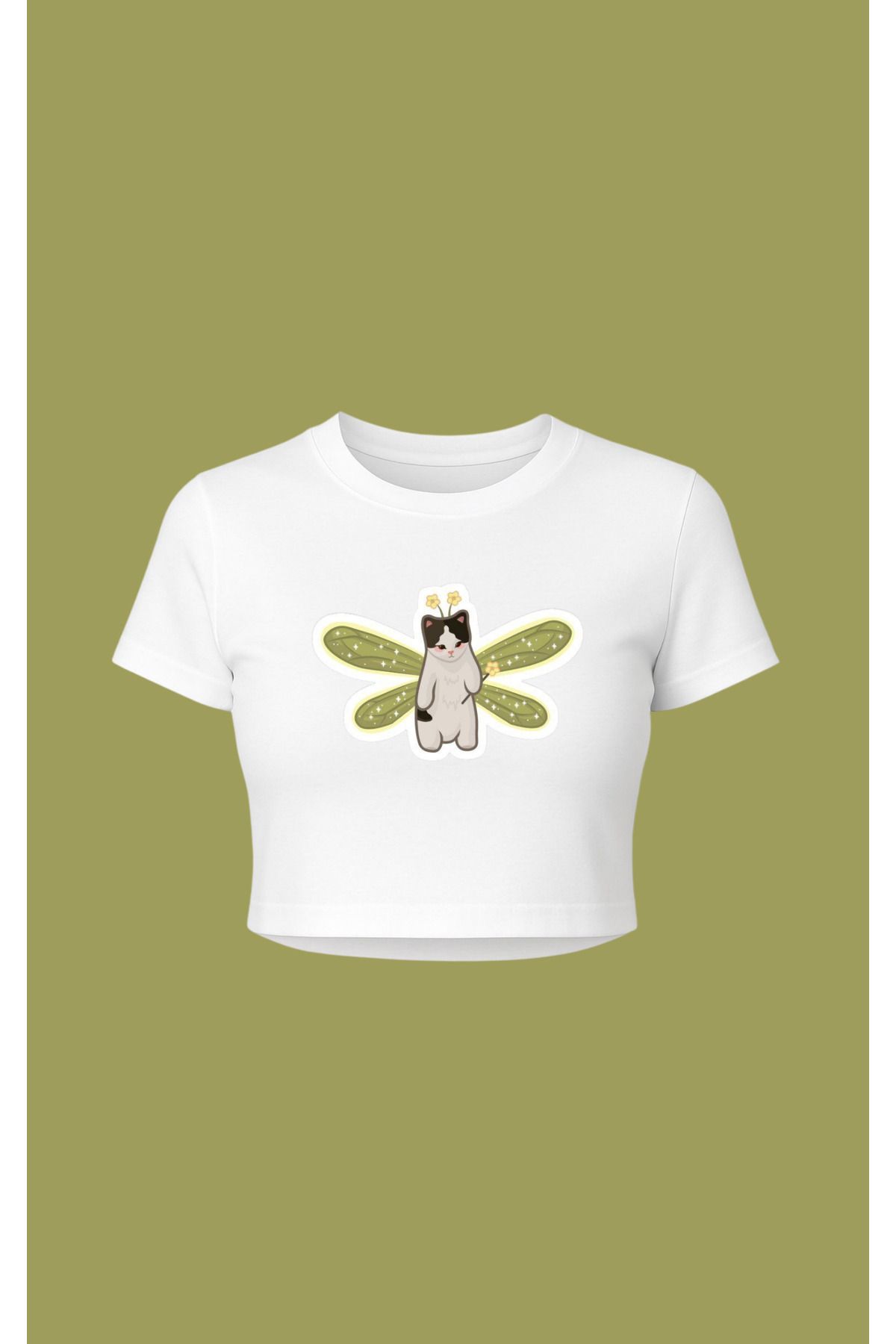 Altair Tr Beyaz Peri kedi fairy cat Coquette vintage Baskılı pinterest tarzı crop tshirt