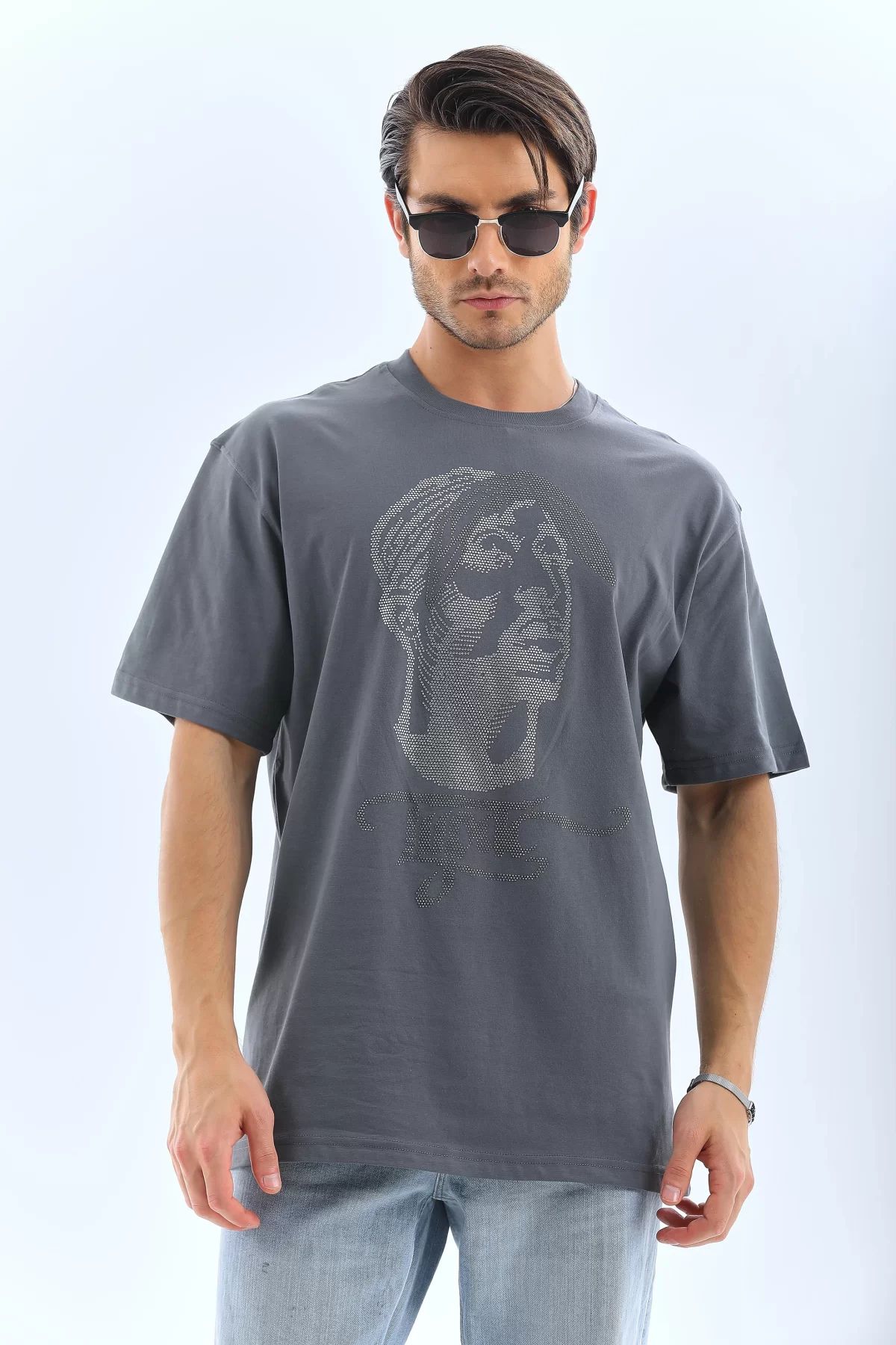 İndigo Park Tişört erkek Unisex Oversize Taşlı Bisiklet Yaka T-Shirt