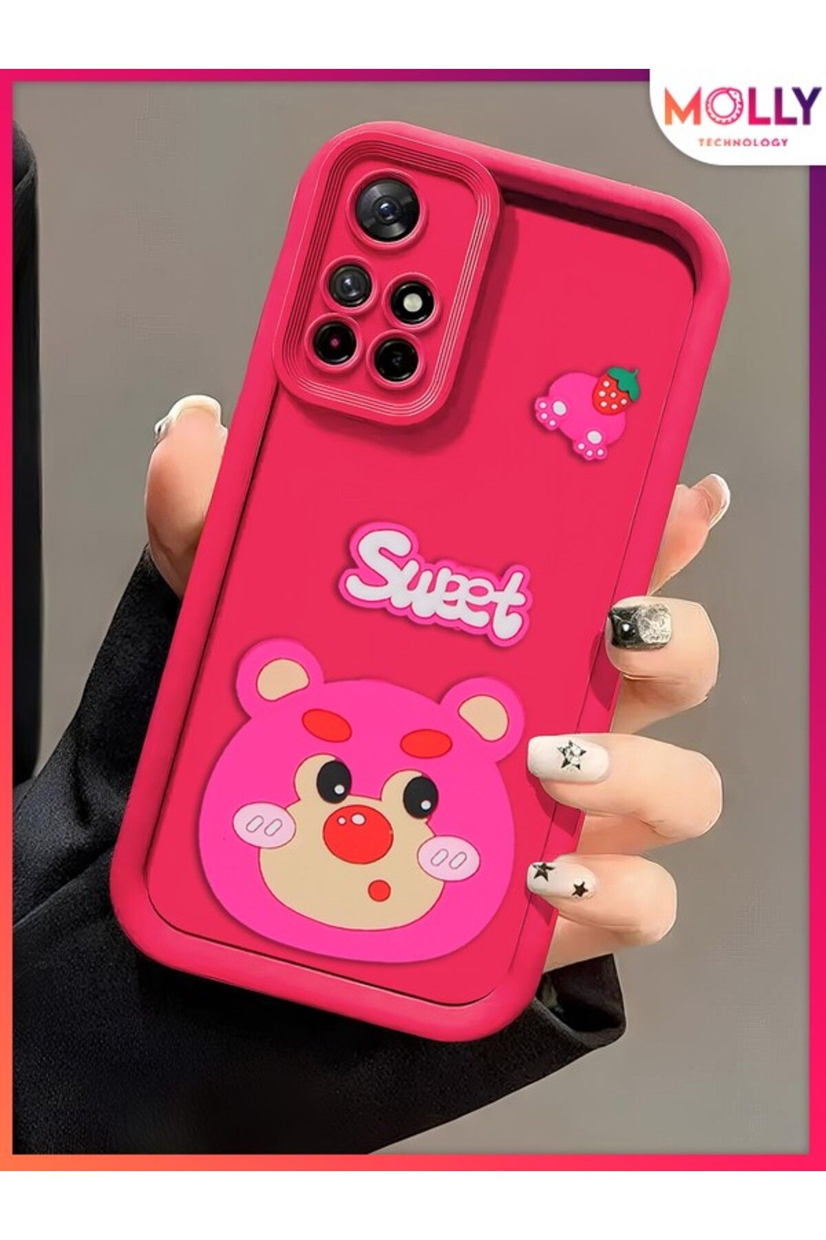 Molly Xiaomi Redmi 10 2022 İçin Magenta Kenarları Kalın 3d Kabartmalı Çilek Ayı Silikon Kılıf