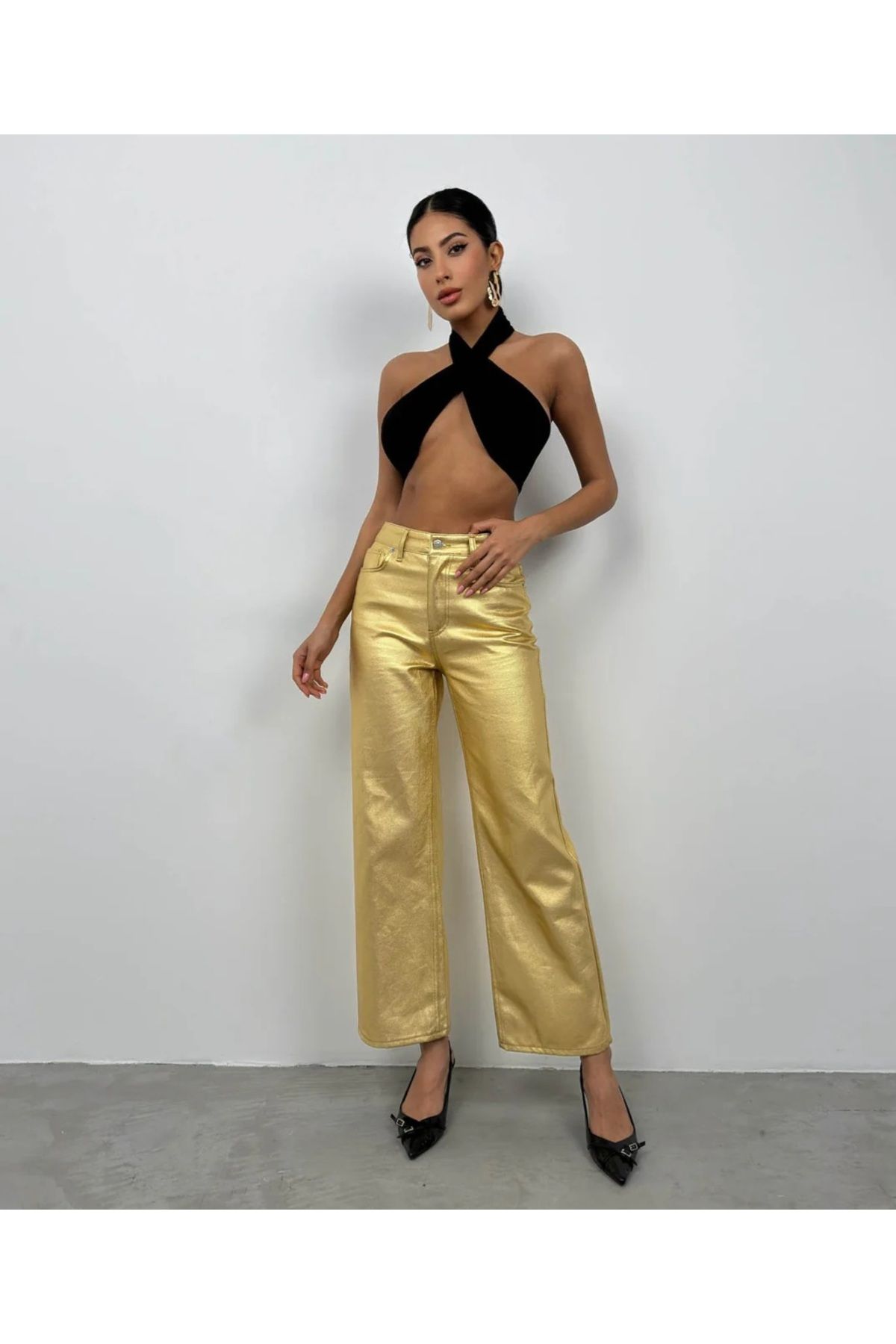 RODEZ Yüksek Bel Metalik Gold Pantolon