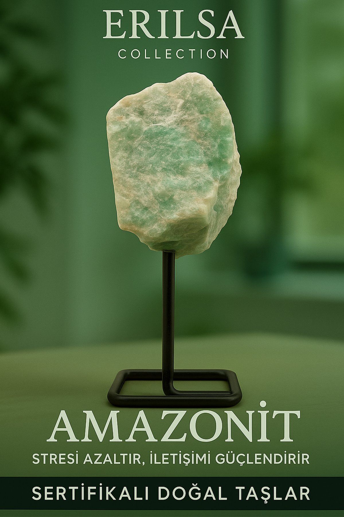 Erilsa Sertifikalı Doğal Ham Amazonit Taşı Standlı Obje – Duygusal Denge ve İletişim Gücünü Artırır