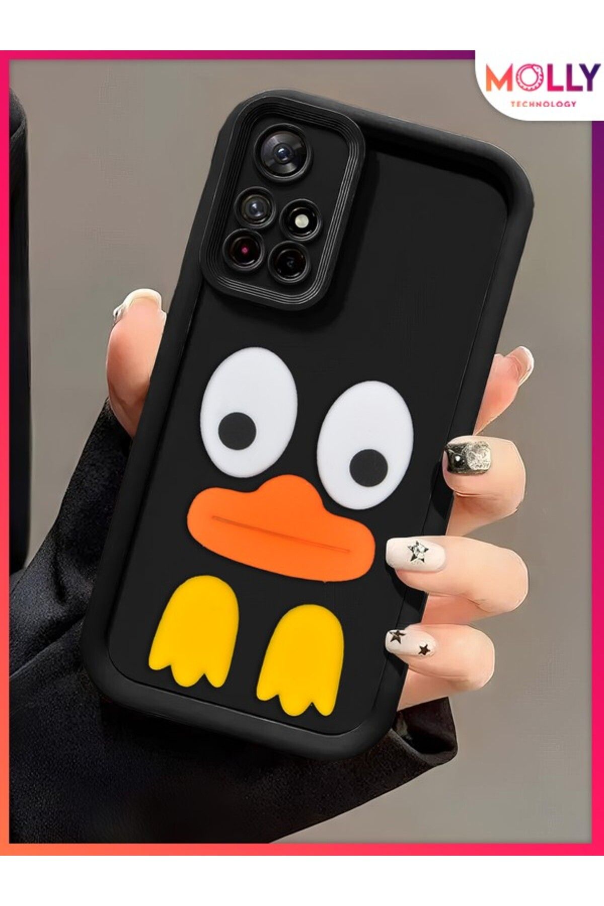 Molly Xiaomi Redmi 10 2022 İçin Siyah Kenarları Kalın 3d Kabartmalı Cute Duck Silikon Kılıf