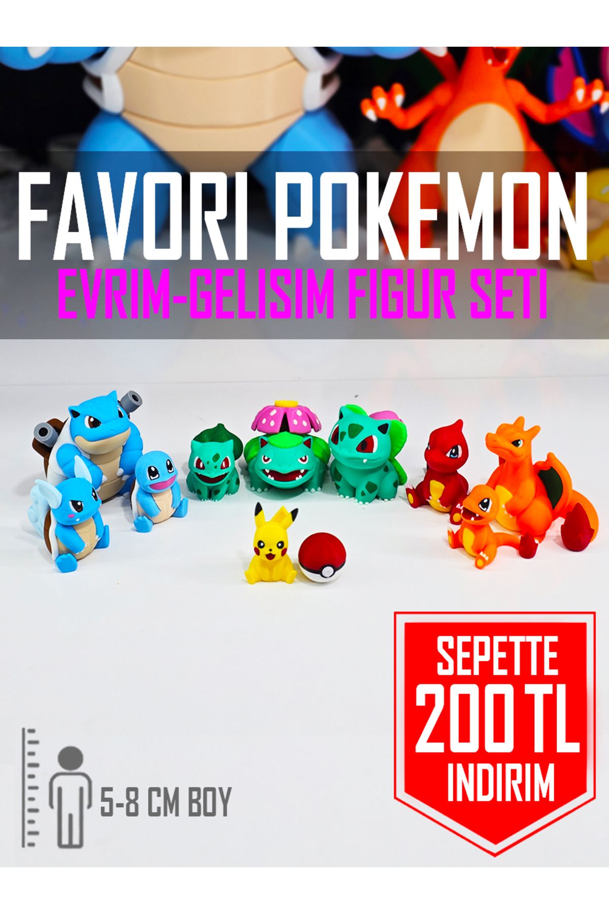 Suelo Butik Pokemon Favori Karakterler Evrim-Gelişim Figür Seti Squirtle,Bulbasaur,Charmander,Pikachu Oyuncak