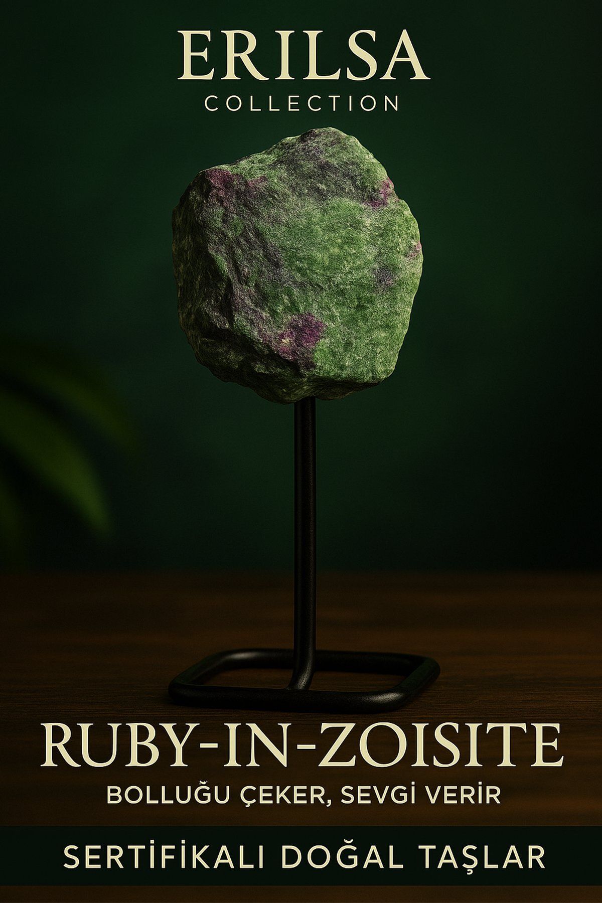 Erilsa Sertifikalı Doğal Ham Ruby Yakutlu Zoisit Taşı Standlı Obje – Tutku, Dönüşüm ve Güç Taşı