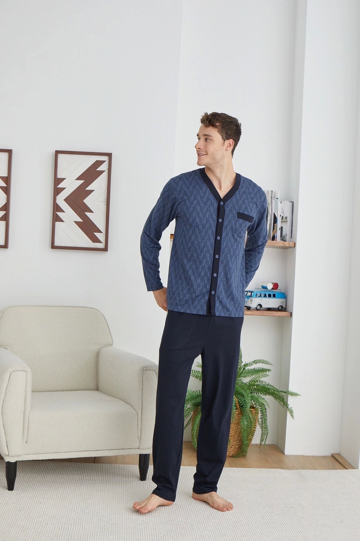 GiyimCity Erkek V Yaka Boydan Düğmeli Pijama Takımı