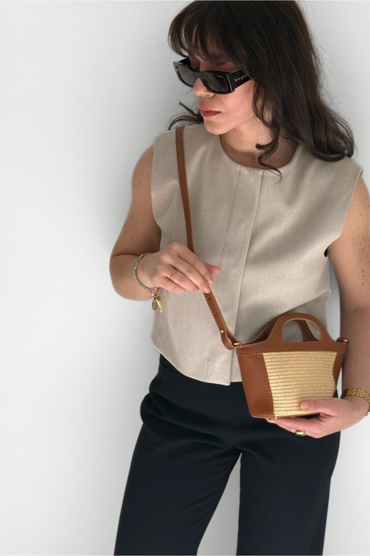 Yuka Atelier Willow Suni Deri Detaylı Çapraz Kullanımlı Mini Hasır El ve Omuz Çantası