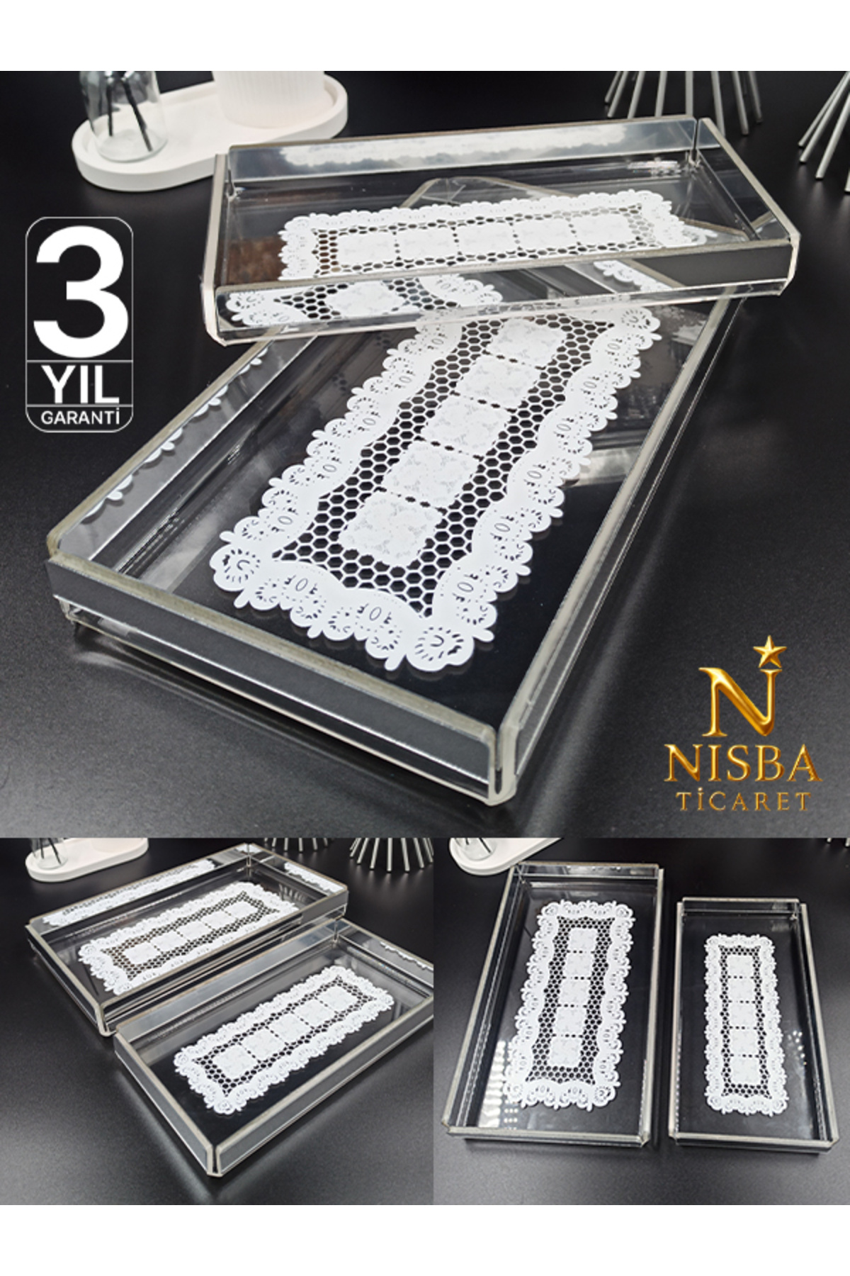 Nisba Ticaret Gümüş Dantelli İkili Pleksi Tepsi Seti | Şık Sunum & Kahve Tepsisi | Nişan, Söz, Misafir Sunumu