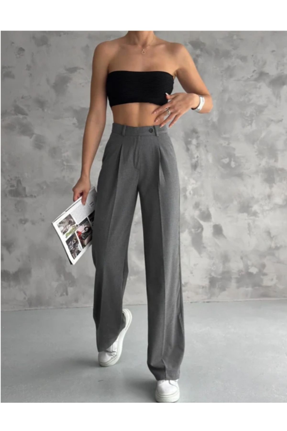 MODA Beli Düğmeli Poliviskon Palazzo Pantolon