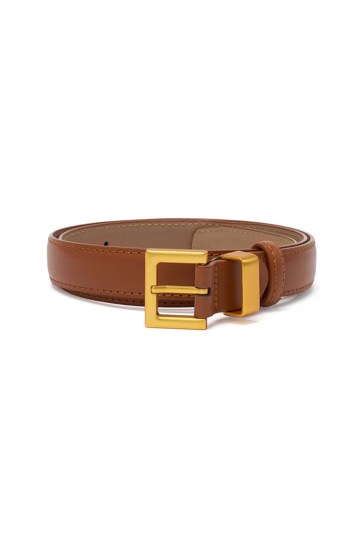 JOLAR. Curea De Damă, Piele Naturală Elegantă Cu Cusături, Cataramă Clasică Aurie, 104 Cm Femeie - 104 cm