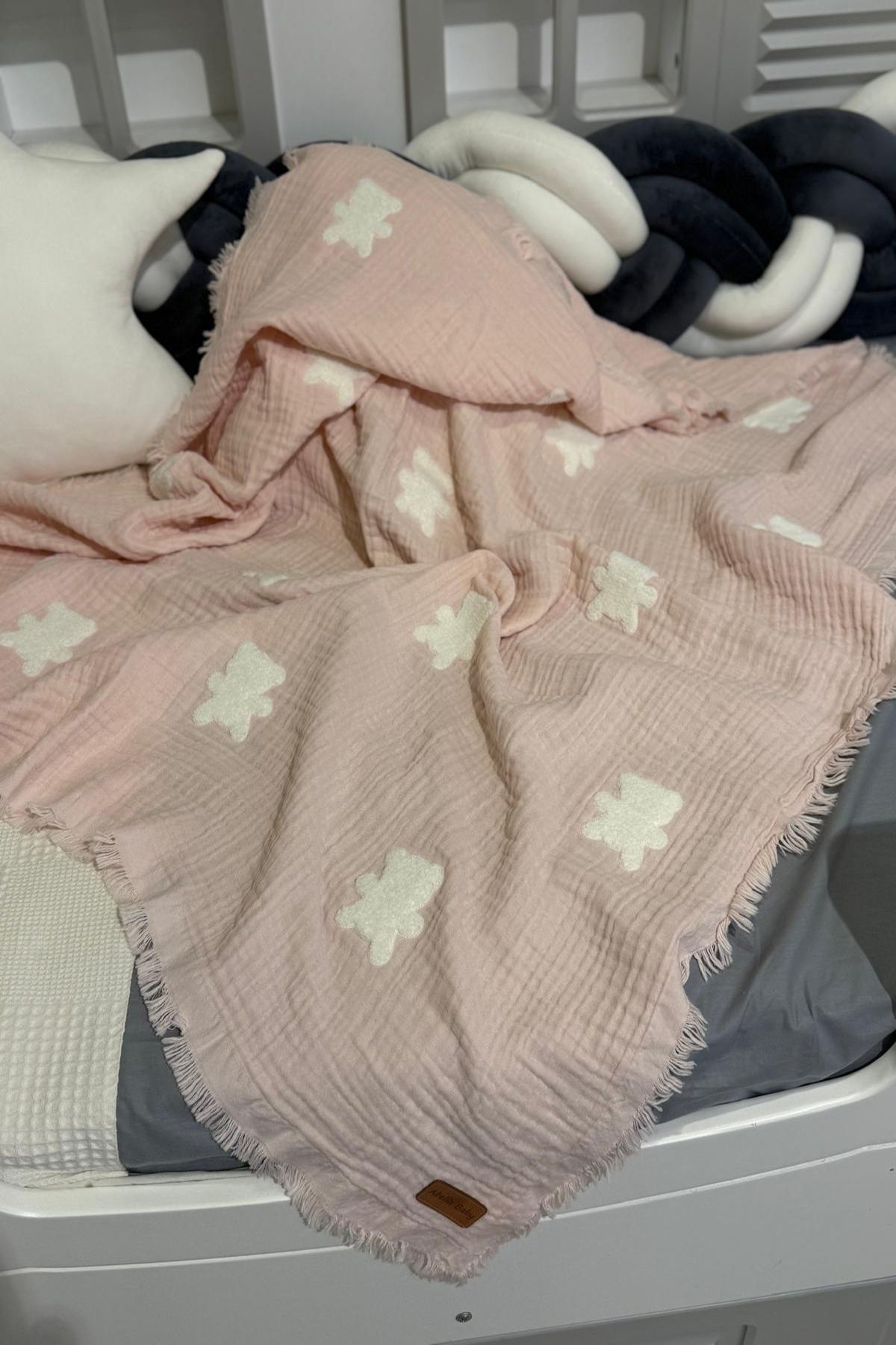 Abelia Baby Panda desenli nakışlı 4 katlı müslin bebek battaniyesi %100 pamuk Organik Bebek Battaniyesi Pudra