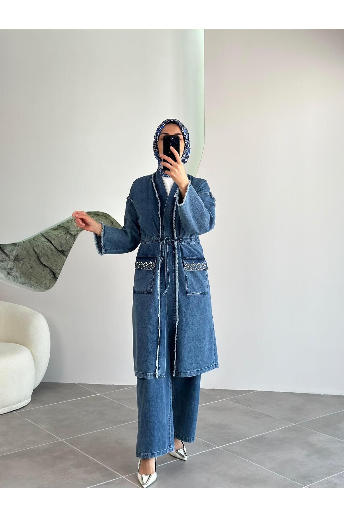 BÜRDE Püskül Ve Taş Detaylı Koyu Mavi Renk İkili Denim Takım