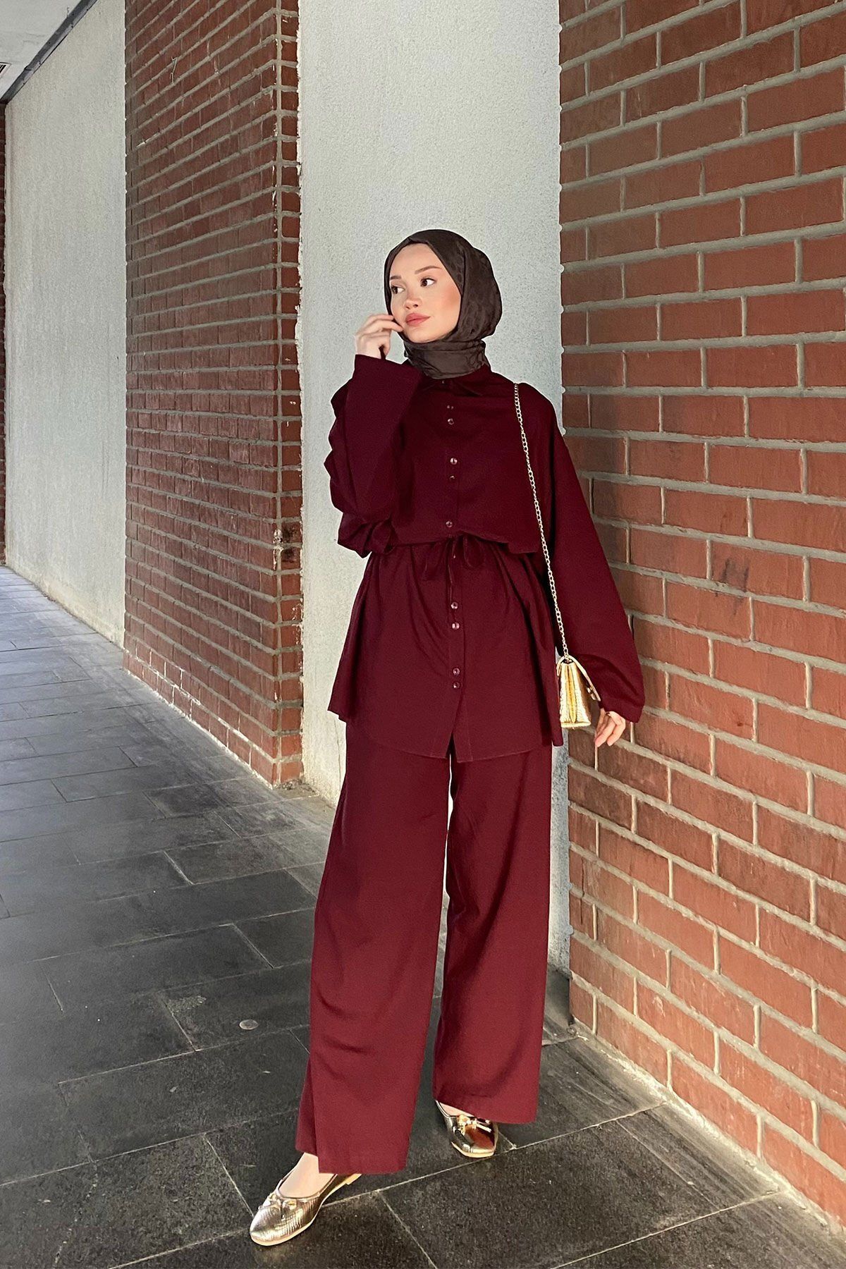 SİNDAL ÇİFT DÜGMELİ KETEN TAKIM 31-2282 - BORDO