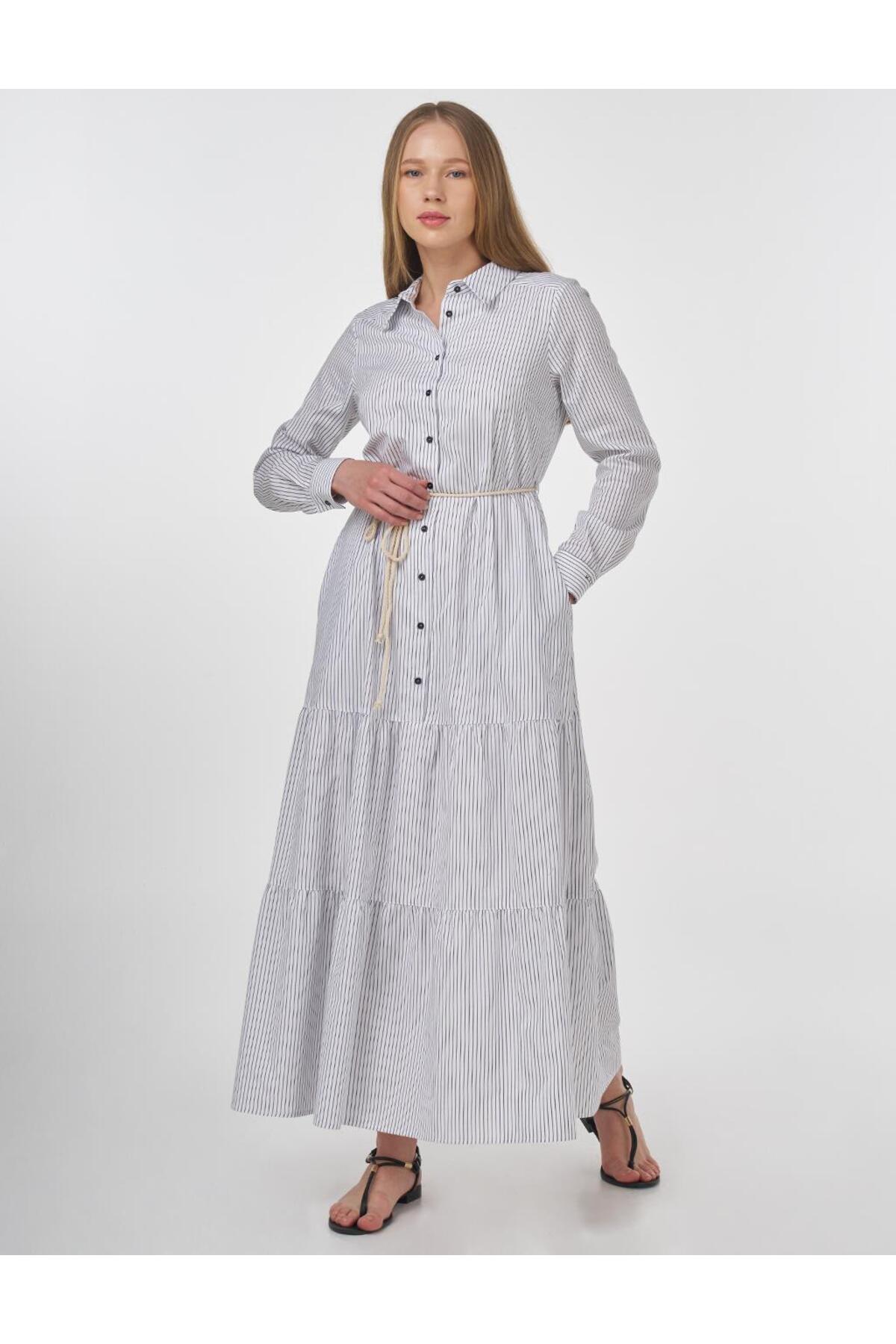 لباس پوپلین مشکی با کمربند طنابی و جزئیات دقیق Kayra