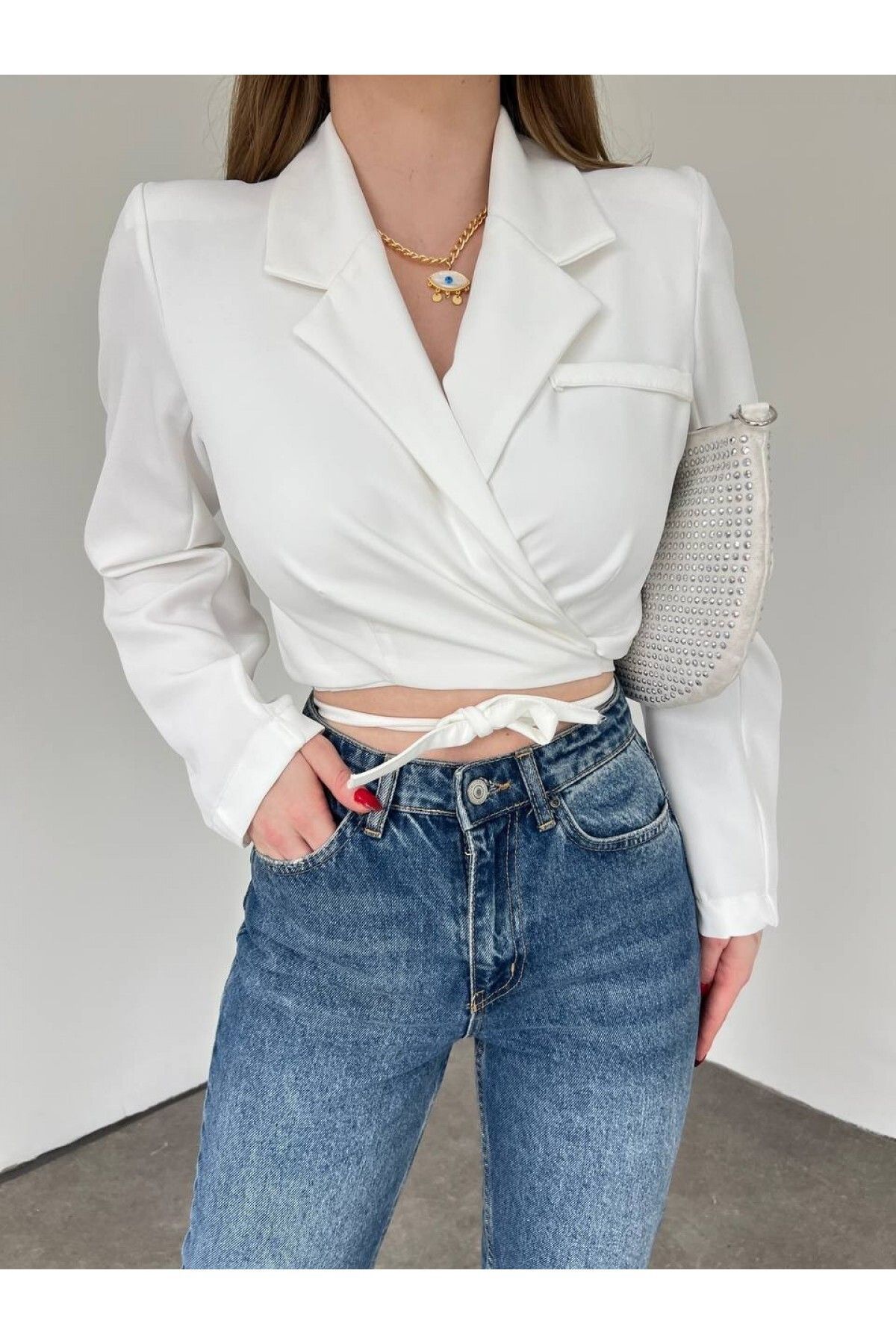 HİJABAYA Sırt Dekolteli Beli Bağcıklı Crop Ceket