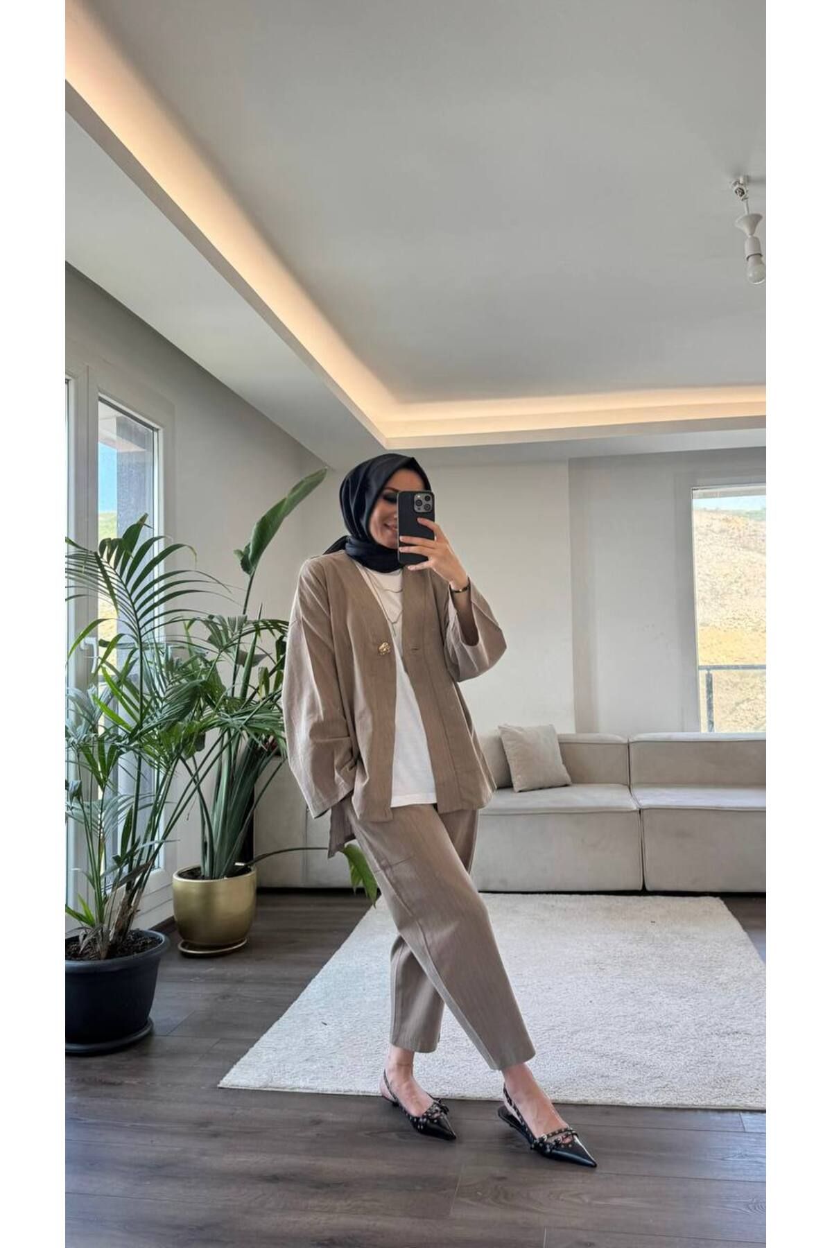 Suede Style 5797 - Tek Düğmeli Keten Rahat Şık Kadın Takımı