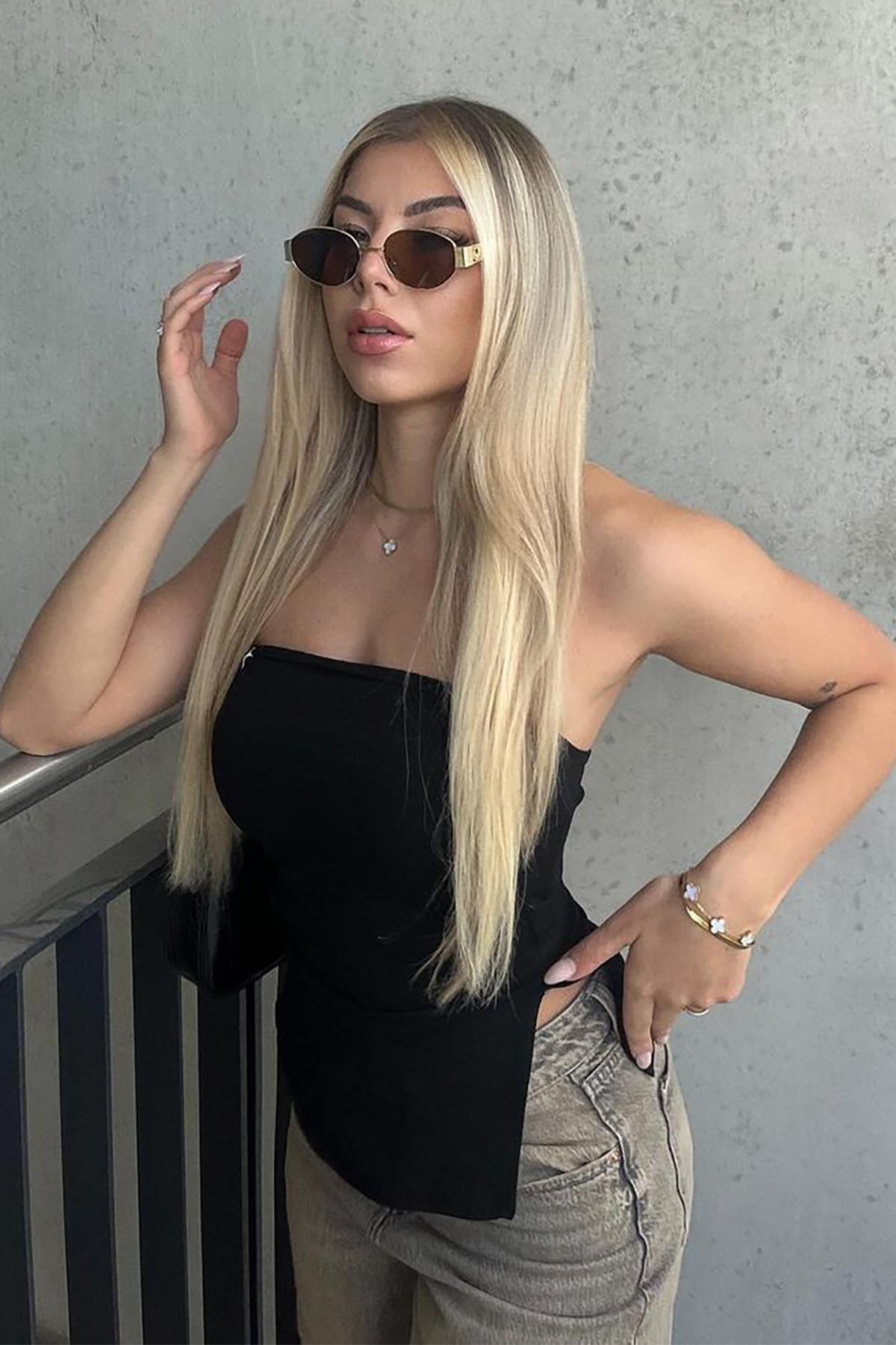Madmext Siyah Büzgülü Streç Bandeau Top MG2164 görsel 6