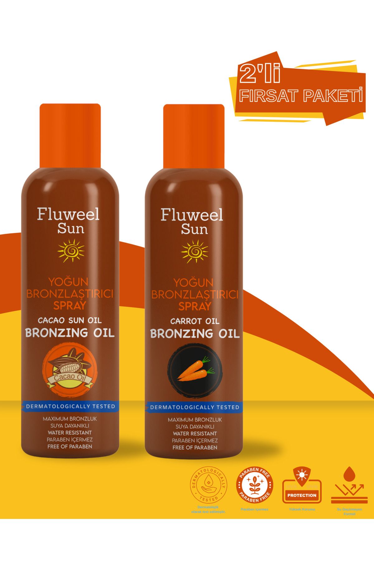 Fluweel Aerosol Sun Yoğun Bronzlaştırıcı Kakao ve Havuç Yağı 2'li Paket 200 ml