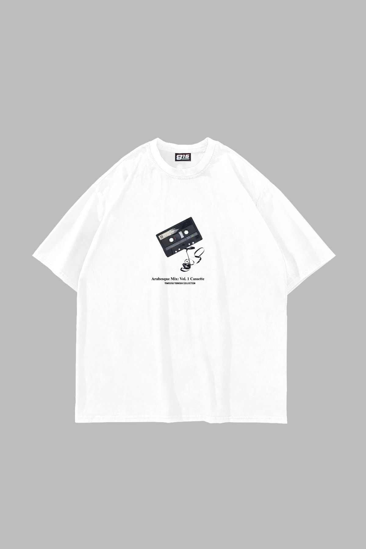 Sekizbiraltı Arabesque Cassette Baskılı Oversize Unisex Beyaz Tshirt