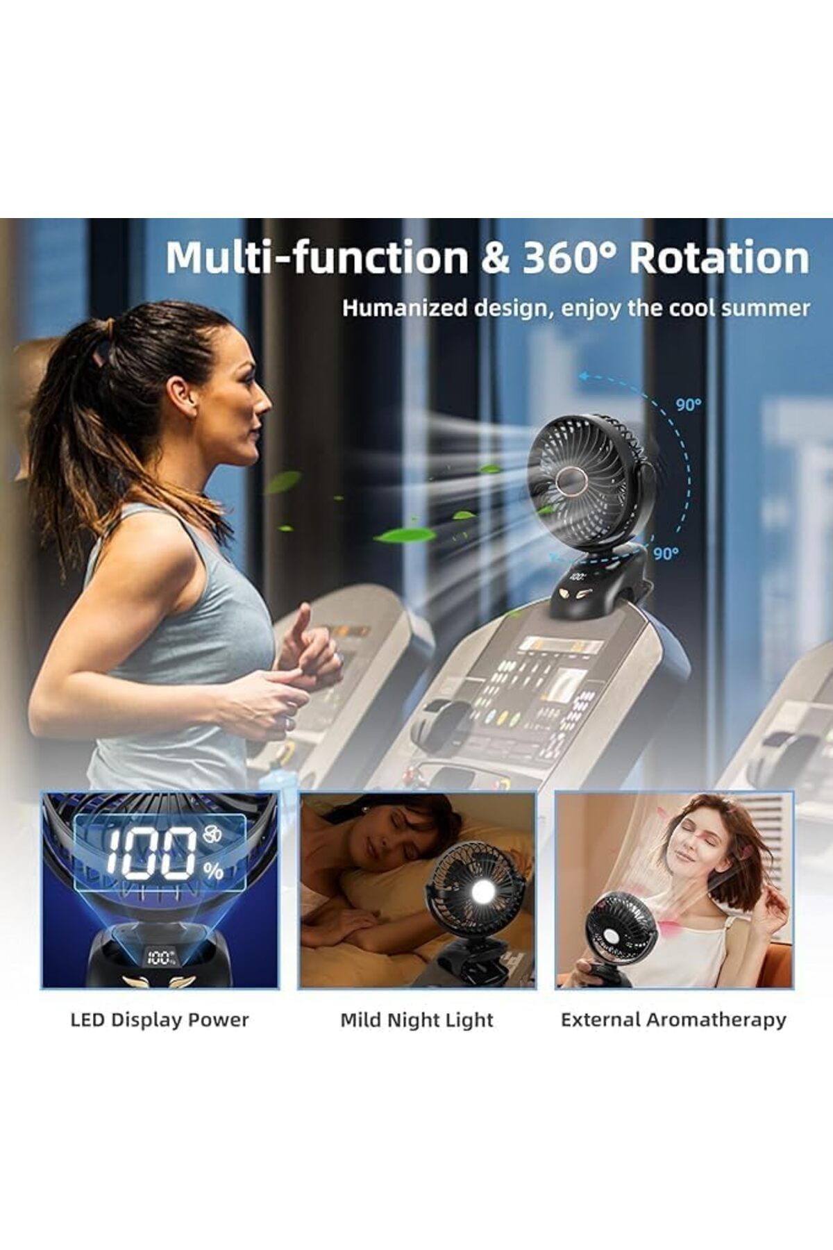 fulina-Portable compact clip-on fan, rechargeable, with LED display, 5 silent settings, 360° rotation 4