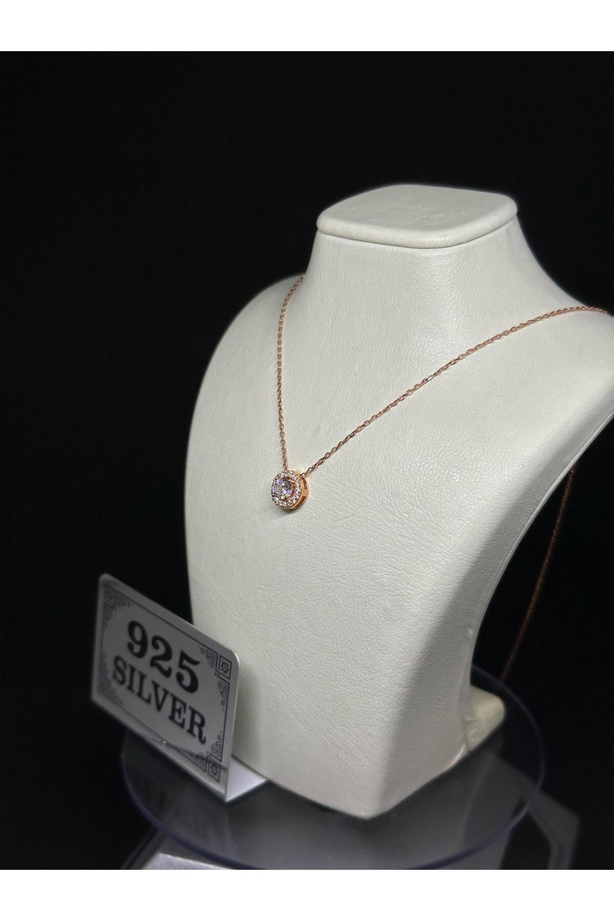 Değerli Gümüş 925 Ayar Rose Kaplama Zirkon Taşlı Tasarım Gümüş Kolye