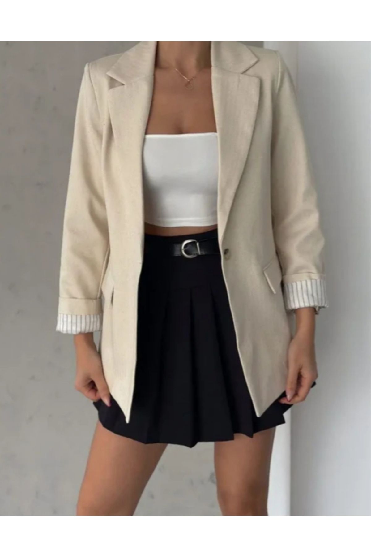 MODA Kolu Çizgili Keten Kadın Ceket