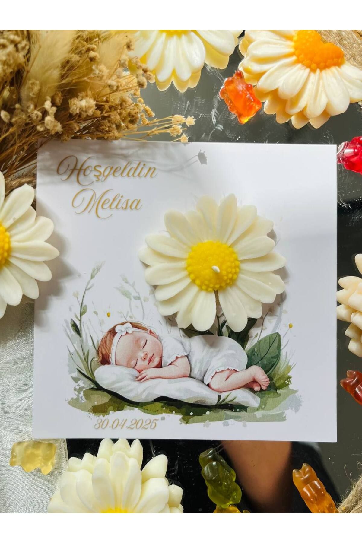 GUGES 15 Adet Özel Tasarlanmış Kart Ve Papatya Mum. Bebek Doğum, BabyShower, Doğum Günü, Hediyelik