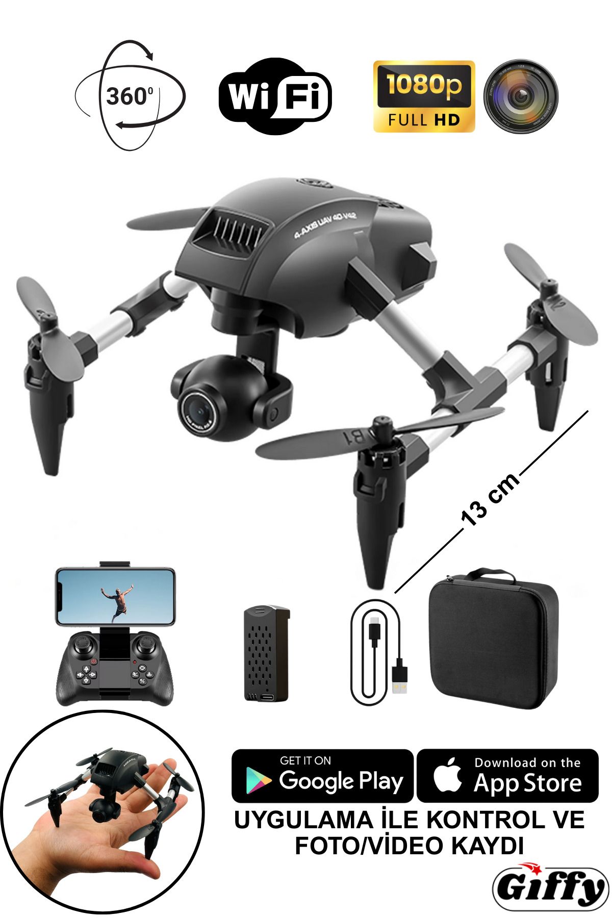 giffy Oyuncak Mini Kameralı Başlangıç Drone Uzaktan Kumandalı Uygulama Kontrollü 1080p FH Takla Atan