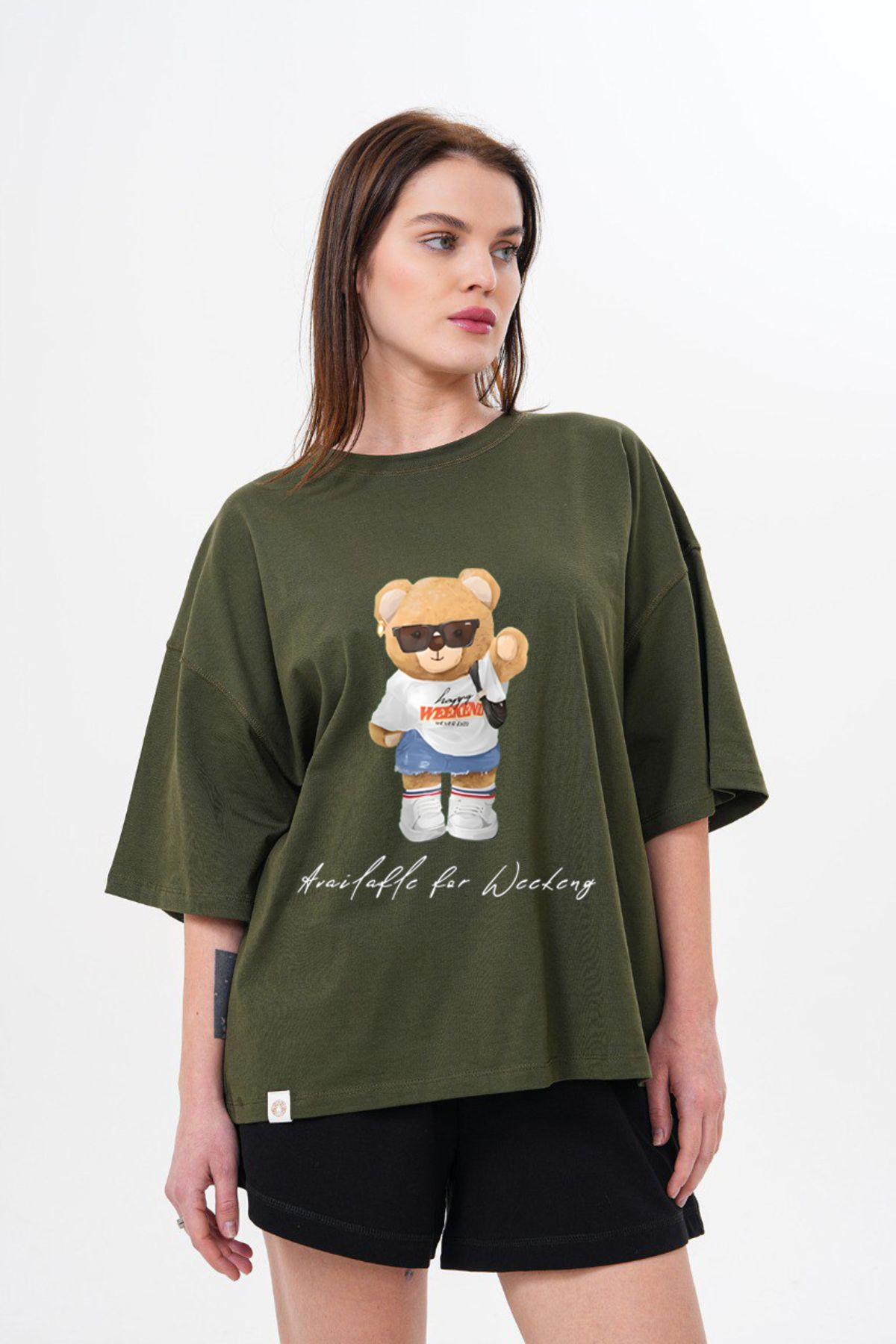 LOU MODA - KADIN AYI BASKILI PAMUKLU TSHIRT OVERSİZE BÜYÜK BEDEN