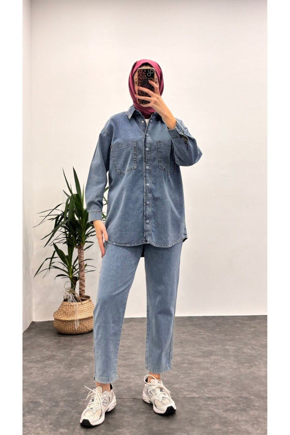 Suede Style 9141 - Şık Rahat Cep Detaylı Kadın Kot Pantolon Gömlek Takımı