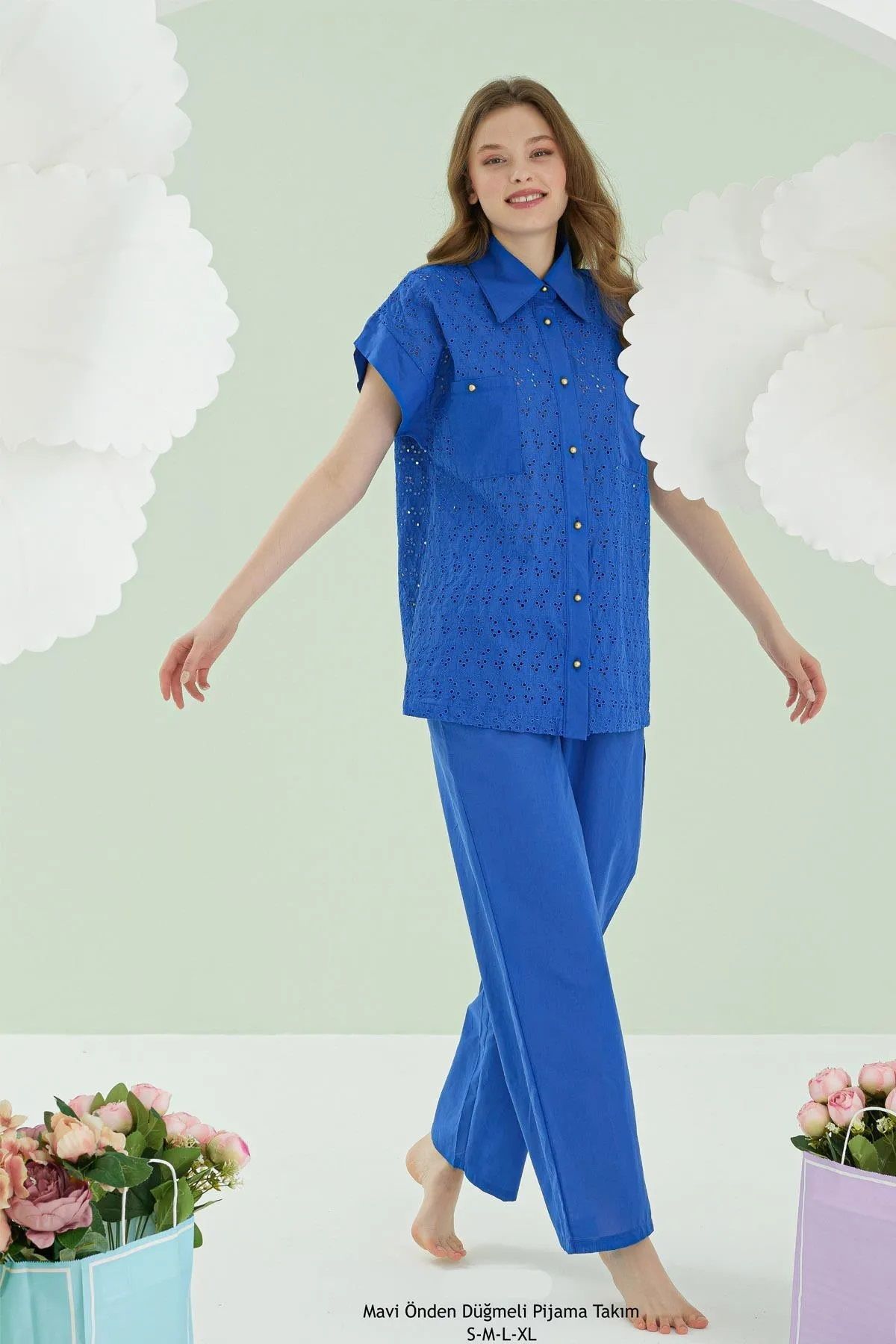 NBB Delikli Kumaş, Önden Düğmeli, Kısa Kollu, Kadın Pijama Takımı, %100 Pamuk, Saks Mavisi