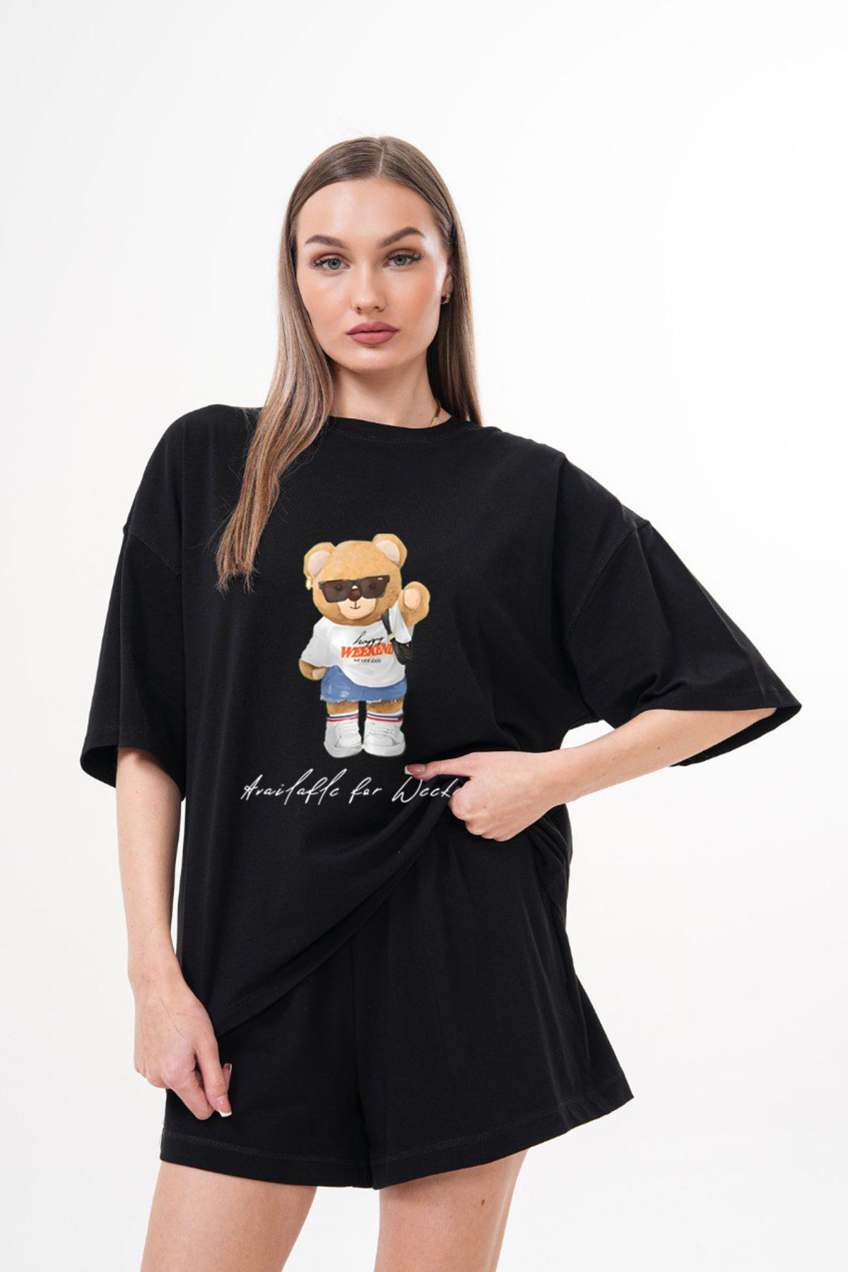 LOU MODA - KADIN AYI BASKILI PAMUKLU TSHIRT OVERSİZE BÜYÜK BEDEN