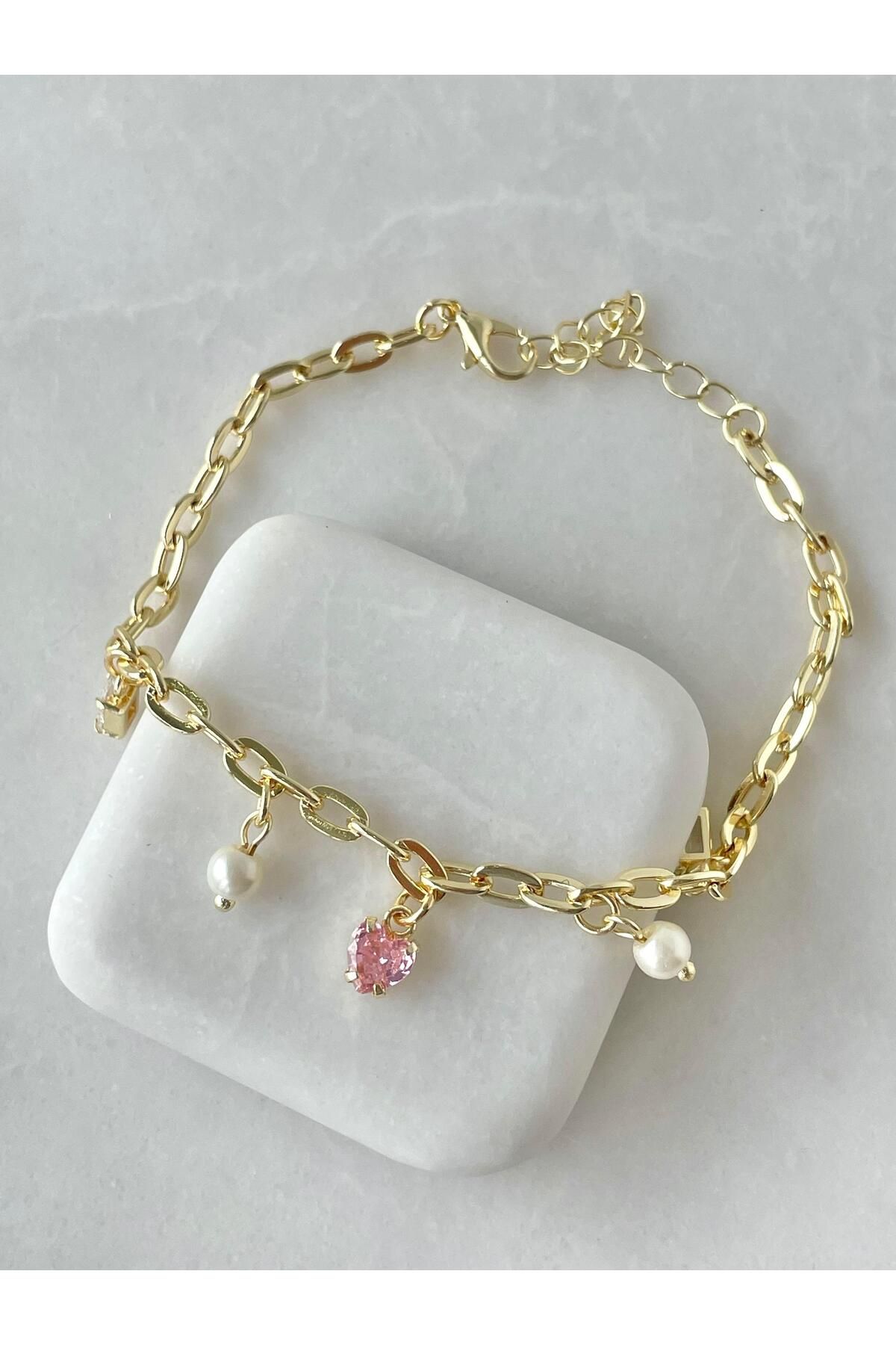Seda Bijuteri Pembe Kristal Kalp Sallantılı Halhal Gold