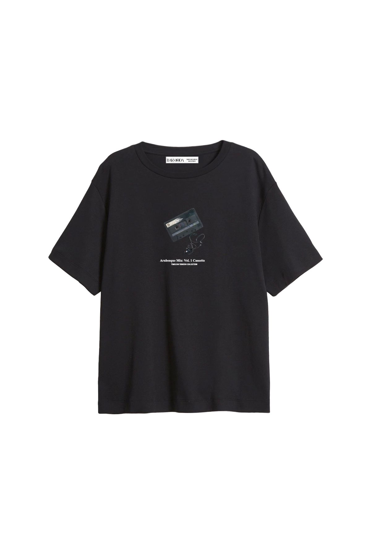 CİNEMA MODA Arabesque Cassette Baskılı Relaxed Fit Siyah Kadın Tshirt