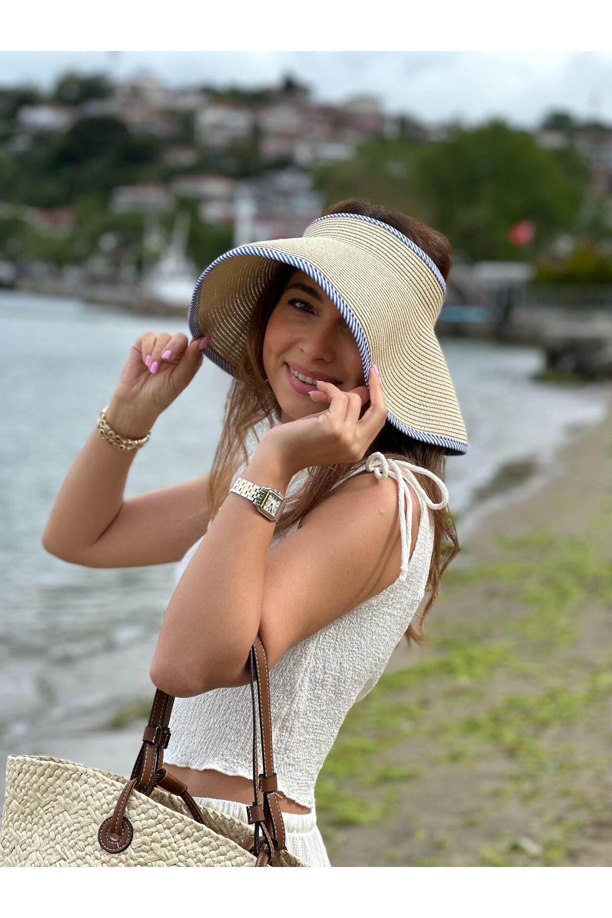 Seda Bijuteri Biyeli Marine Üstü Açık Hasır Vizör Şapka Mavi