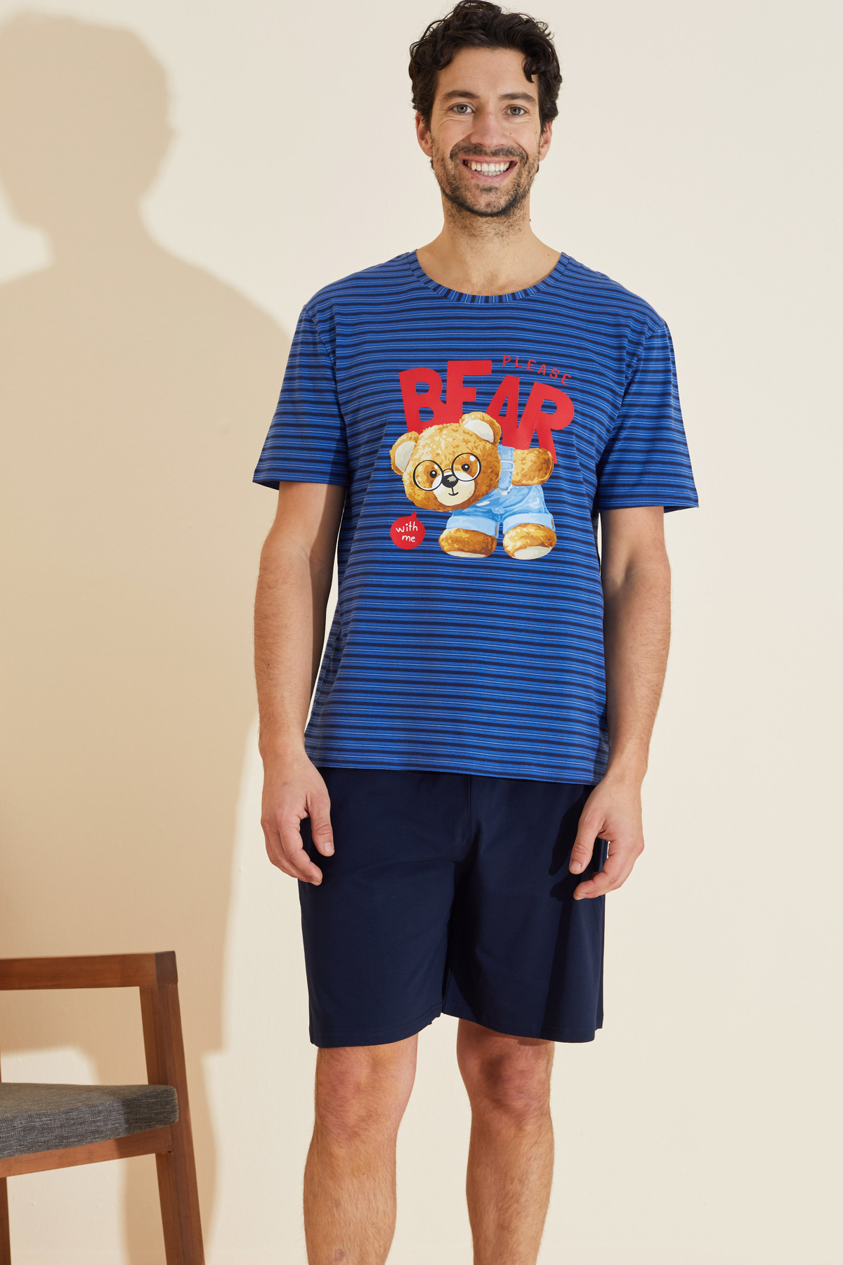 Siyah İnci  saks lacivert çizgi desenli Bisiklet Yaka Örme Şort Takım 25109640 - Görsel 2