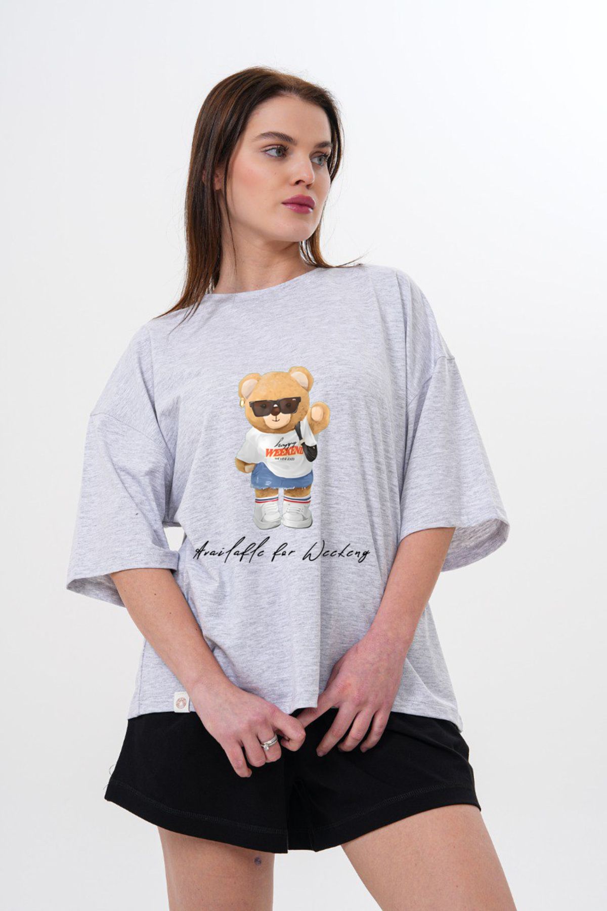LOU MODA - KADIN AYI BASKILI PAMUKLU TSHIRT OVERSİZE BÜYÜK BEDEN