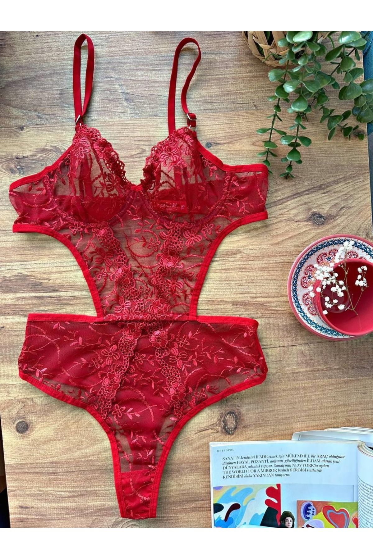 bamido Çiçek Desenli Kırmızı Bodysuit