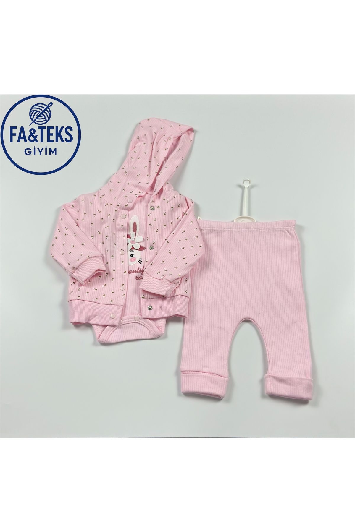 Butik Yenidoğan Çiçek Detaylı Kız Bebek Takımı 3'lü |Kapşonlu Ceket|Çıtçıtlı Üst|Pantolon|
