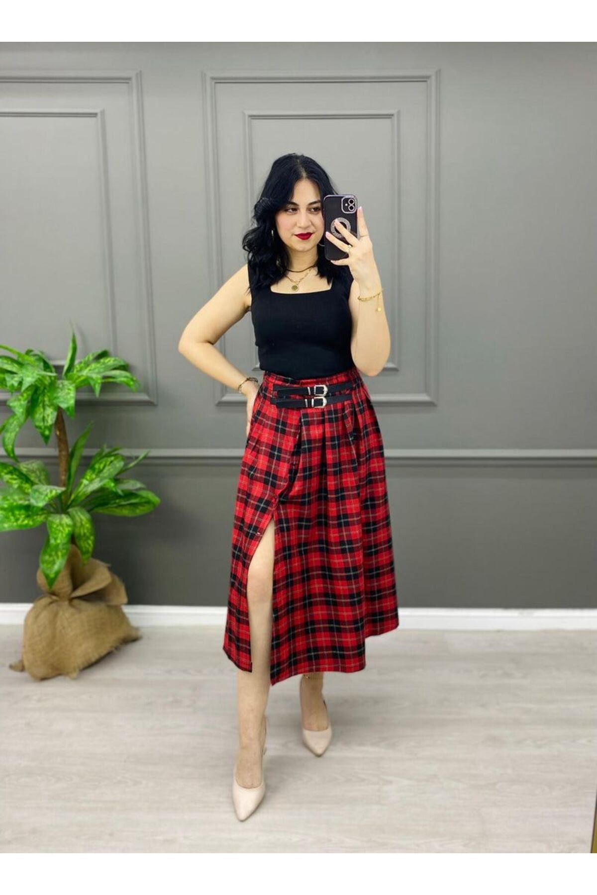 EGELİMODA Kemerli Midi Boy Kloş Ekose Etek