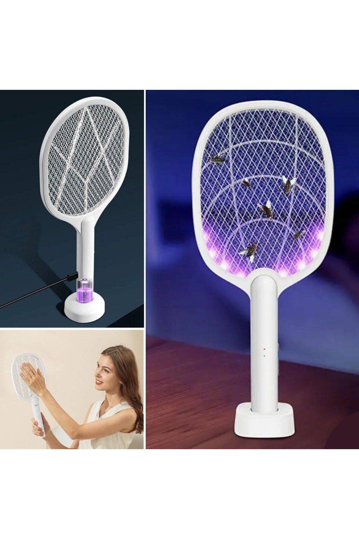 Emperium BUFFER® Şarjlı Sinek Öldürücü Masaüstü Standlı,Mor Işık Sinek Kovucu Raket 5w