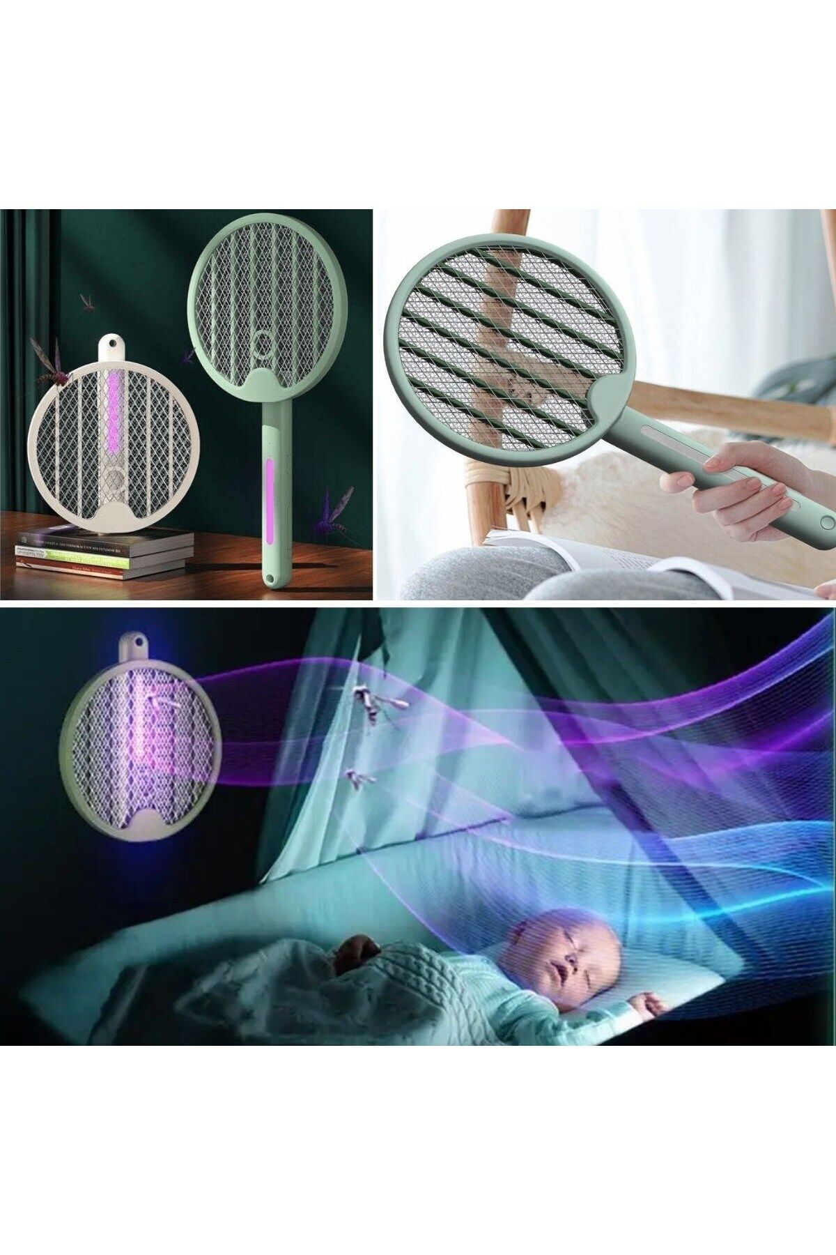 Emperium BUFFER® Tenis Raketi Tipi Masaüstü Olabilen Gece Lambalı Sinek Kovucu,Öldürücü Raket