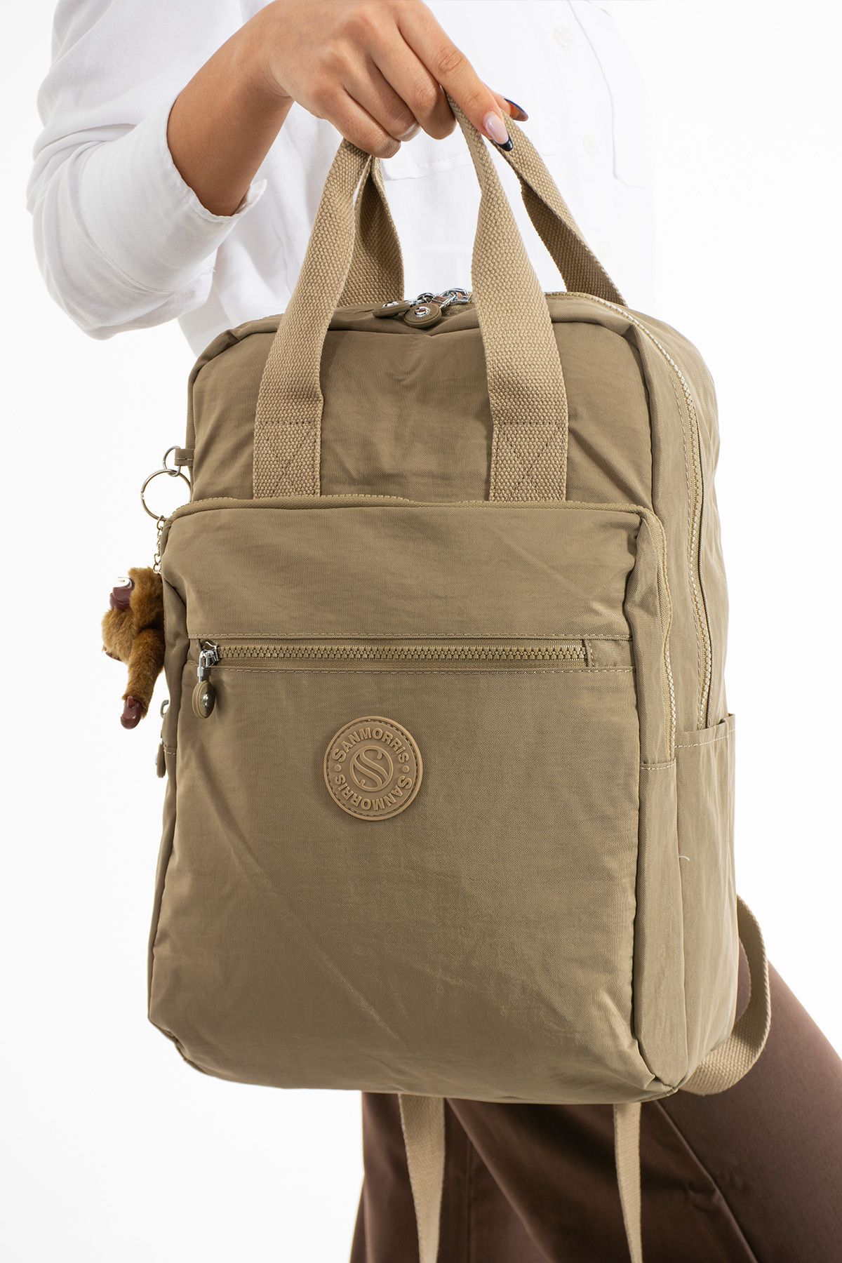 Sanmorris 3014 Unisex Suya Dayanıklı Krinkıl Kumaş Çok Gözlü Büyük Boy Laptop Okul ve Sırt Çantası Haki
