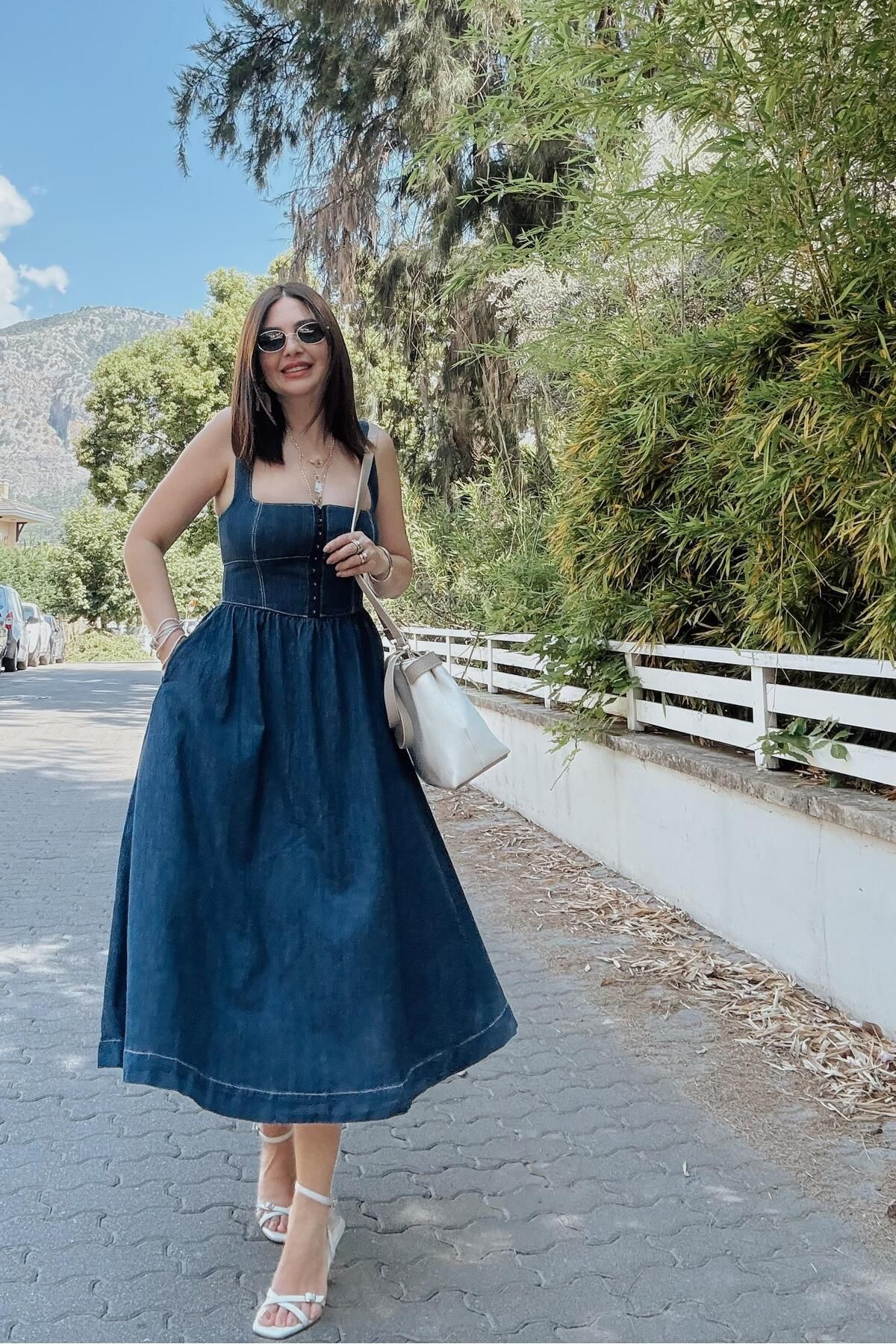 ELVAN TOLON Kopçalı Denim Elbise