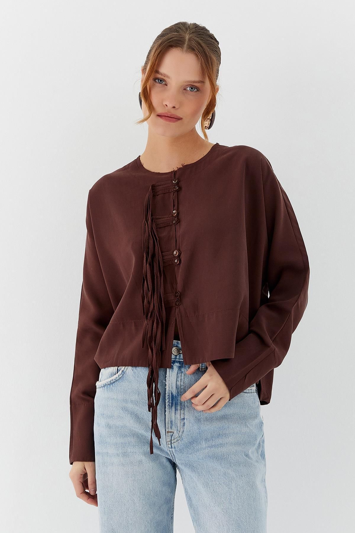 Shopping Shop İp Düğmeli Kısa Gömlek KAHVE