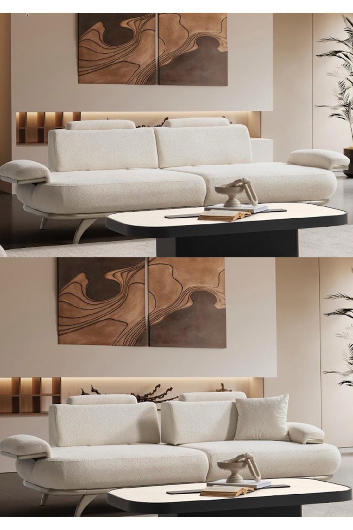 LORENZ Modern 3+3+1 Kanepe Takımı – Kırık Beyaz Teddy Kumaş – Açılır Yataklı – Gürgen İskelet