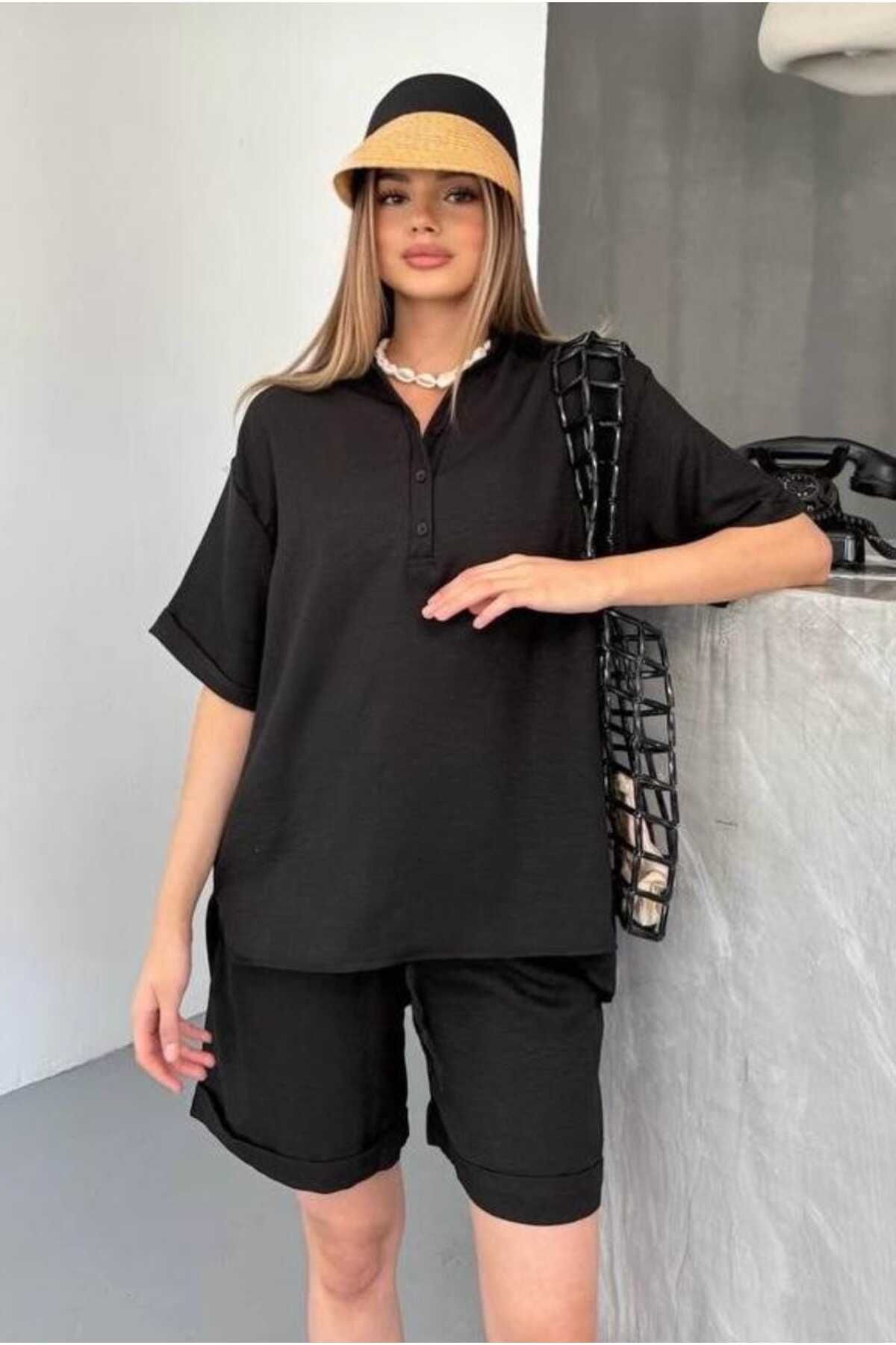 bb butik basic Kolay Ütü Sofia Keten Şortlu Takım SF3096