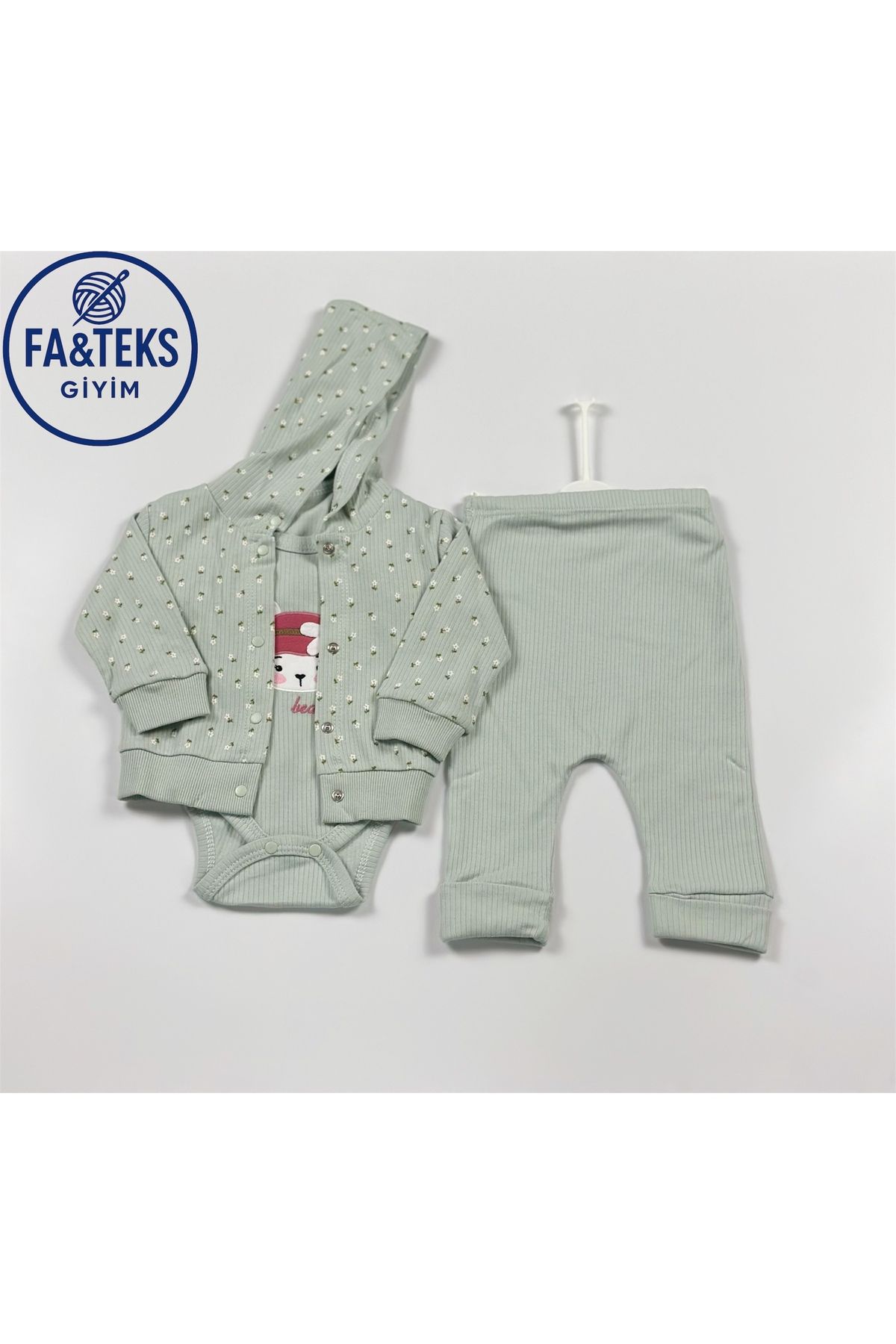Butik Yenidoğan Çiçek Detaylı Kız Bebek Takımı 3'lü |Kapşonlu Ceket|Çıtçıtlı Üst|Pantolon|