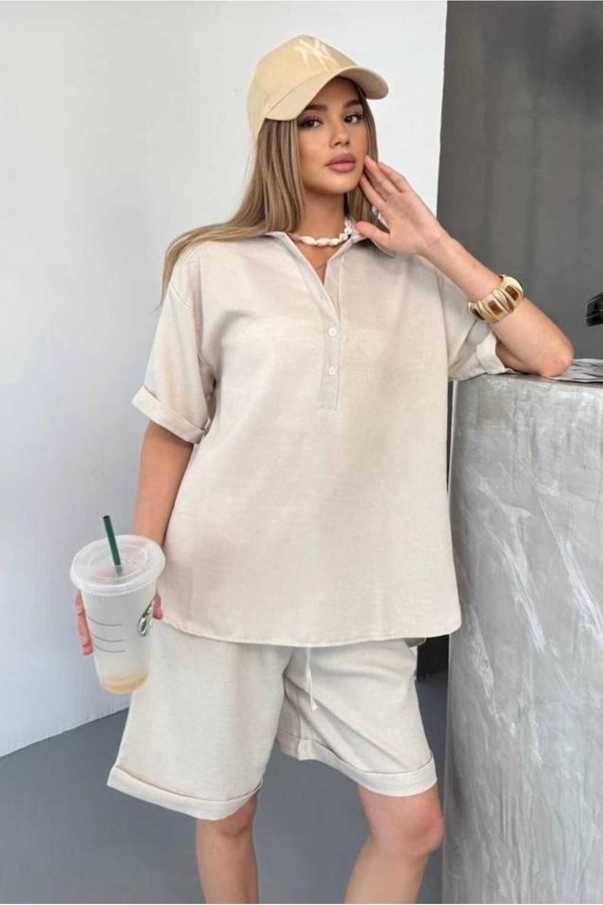 NUDEQUEEN Sofia Keten Şortlu Takım (Kolay Ütü) KG8000