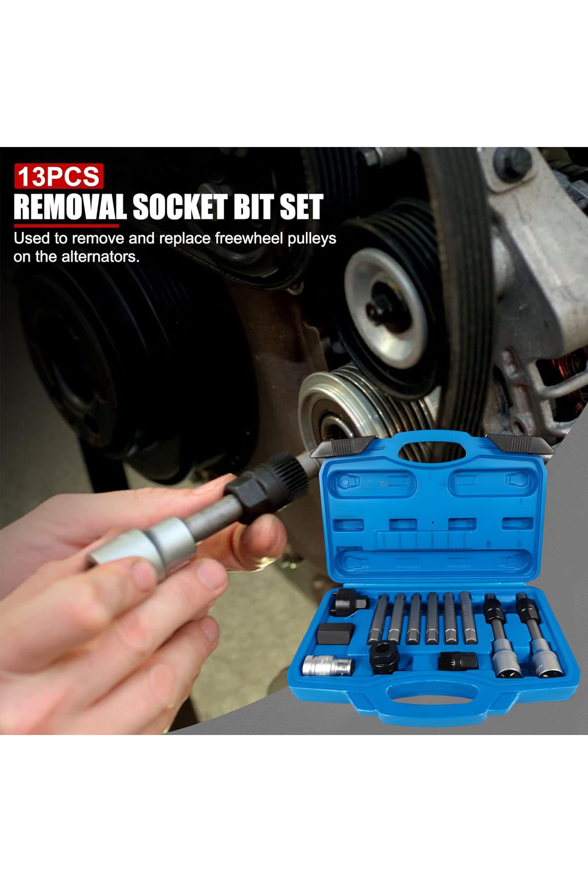 Generic-13pc Alternator Pulley Removal Tool Kit, Socket Bit Set For Freewheel Pulley, Durable Case 4