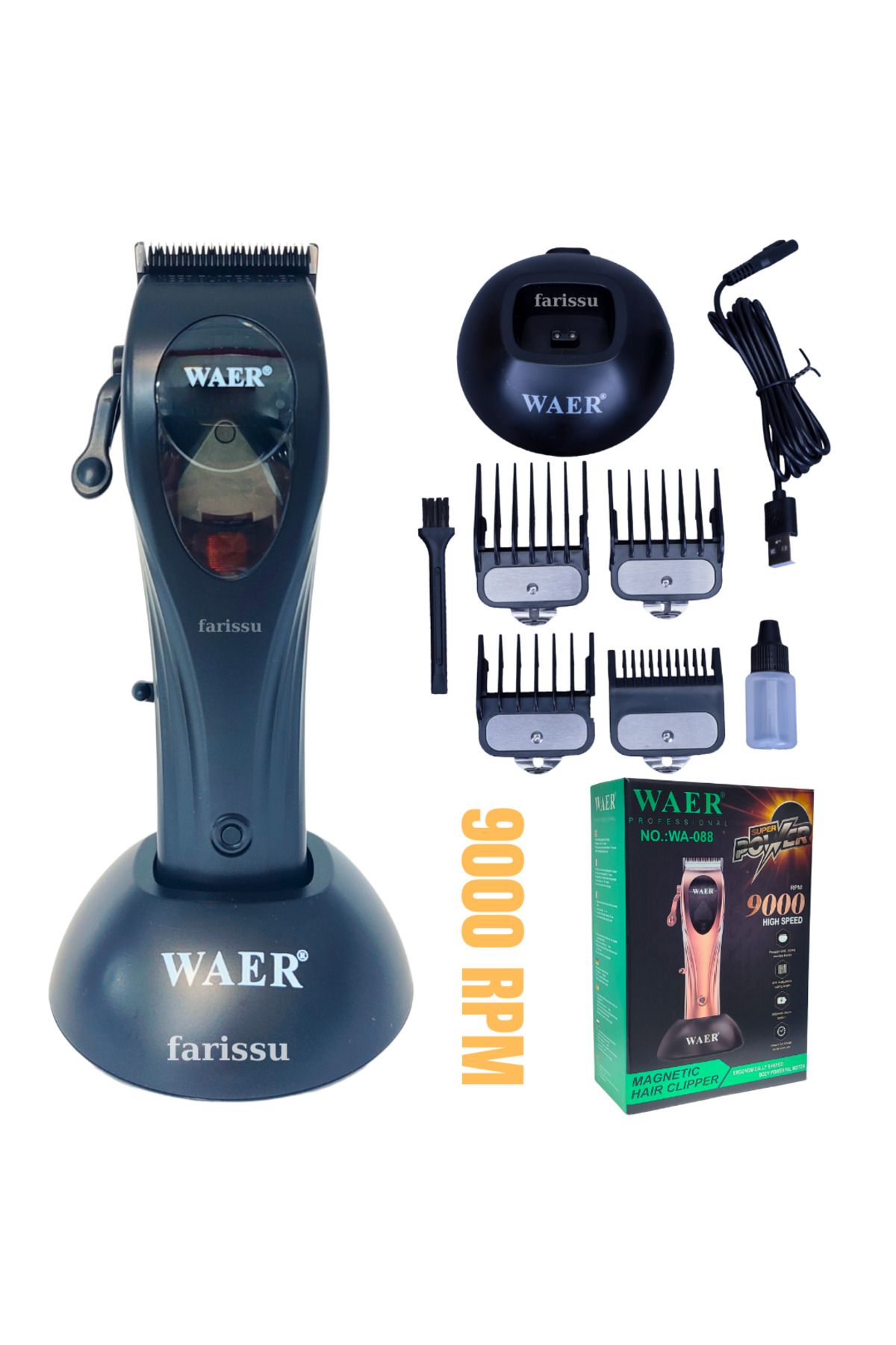farissu WA-088 9000 RPM Profesyonel Saç Kesme Makinesi | 2600mAh Batarya | 4 Taraklı | Şarj Standlı